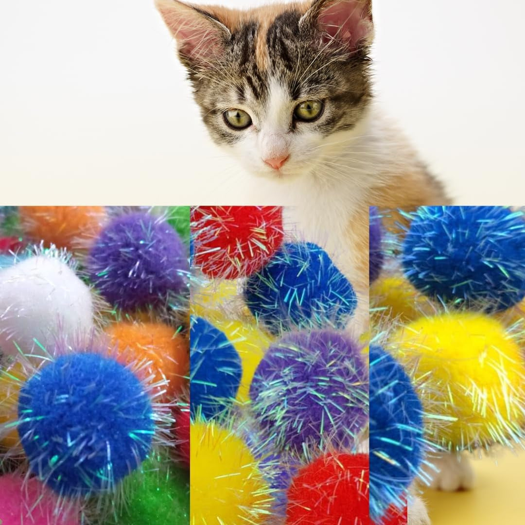 30 Pieces Sparkle Pom Pom Balls for Cat - Interactive Glitter Balls, Multicolor, Size of 1.2 Inches, Best as Kitten Play Toys…