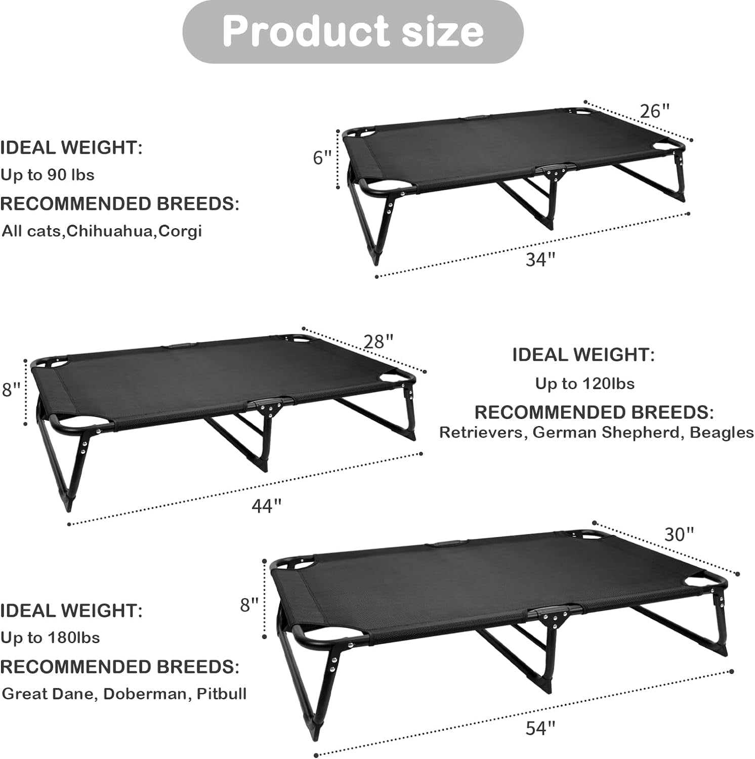 Large Indoor Outdoor Elevated Raised Dog Cot Bed, Fully Assembled, Folding Foldable Portable Dog Bed for Medium Large Dogs, Travel Camping Pet Hammock, Black 45"X28"X8"