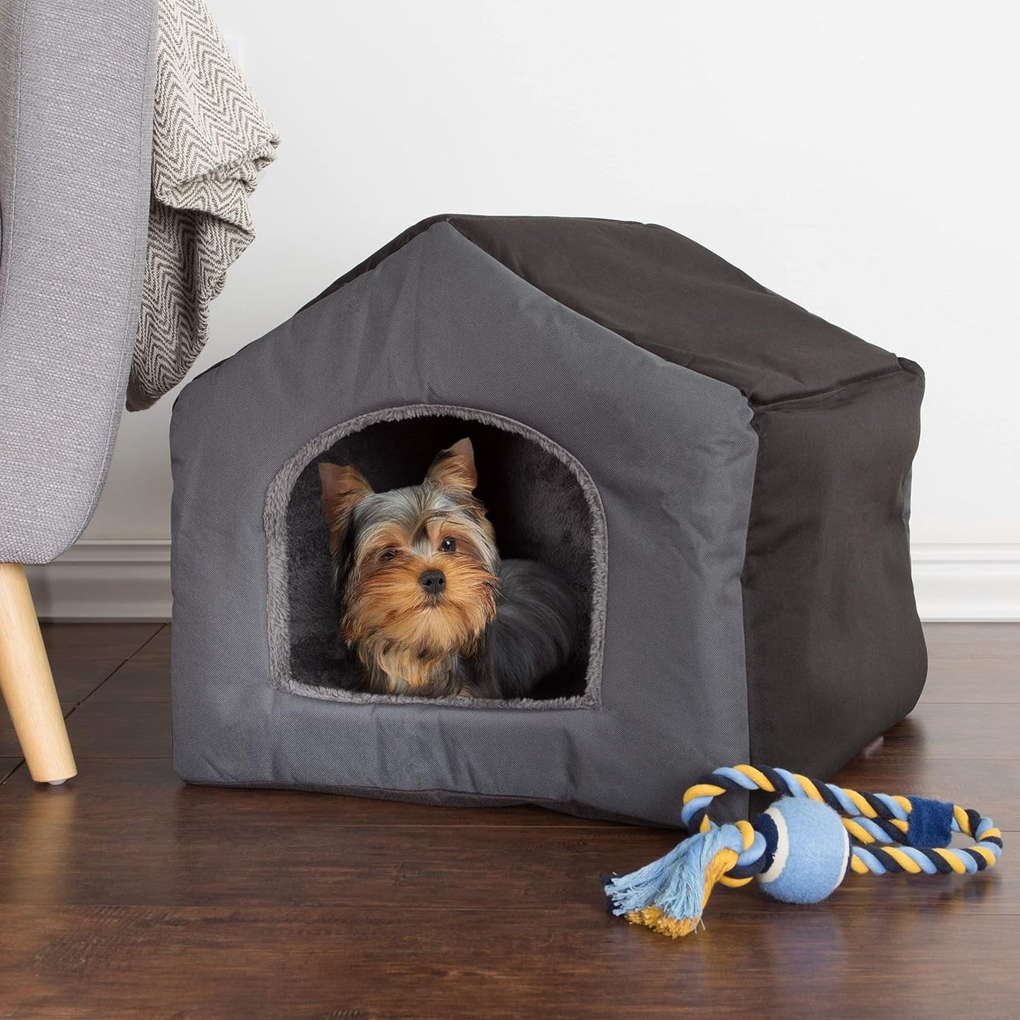 Dog House - Indoor Dog House with Removable Sherpa Cushioned Pad - Pet Bed for Small Dogs, Cats, or Kittens - Dog Houses by PETMAKER (Gray)