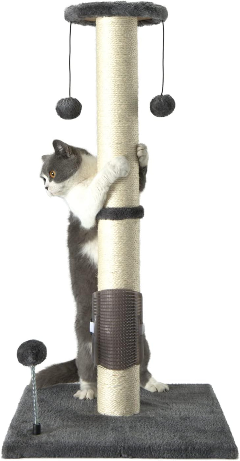 32" Tall Cat Scratching Post Sisal Scratch Posts with Hanging Ball and Self-Massage Brush Vertical Scratcher for Indoor Cats and Kittens(Gray 32Inches)