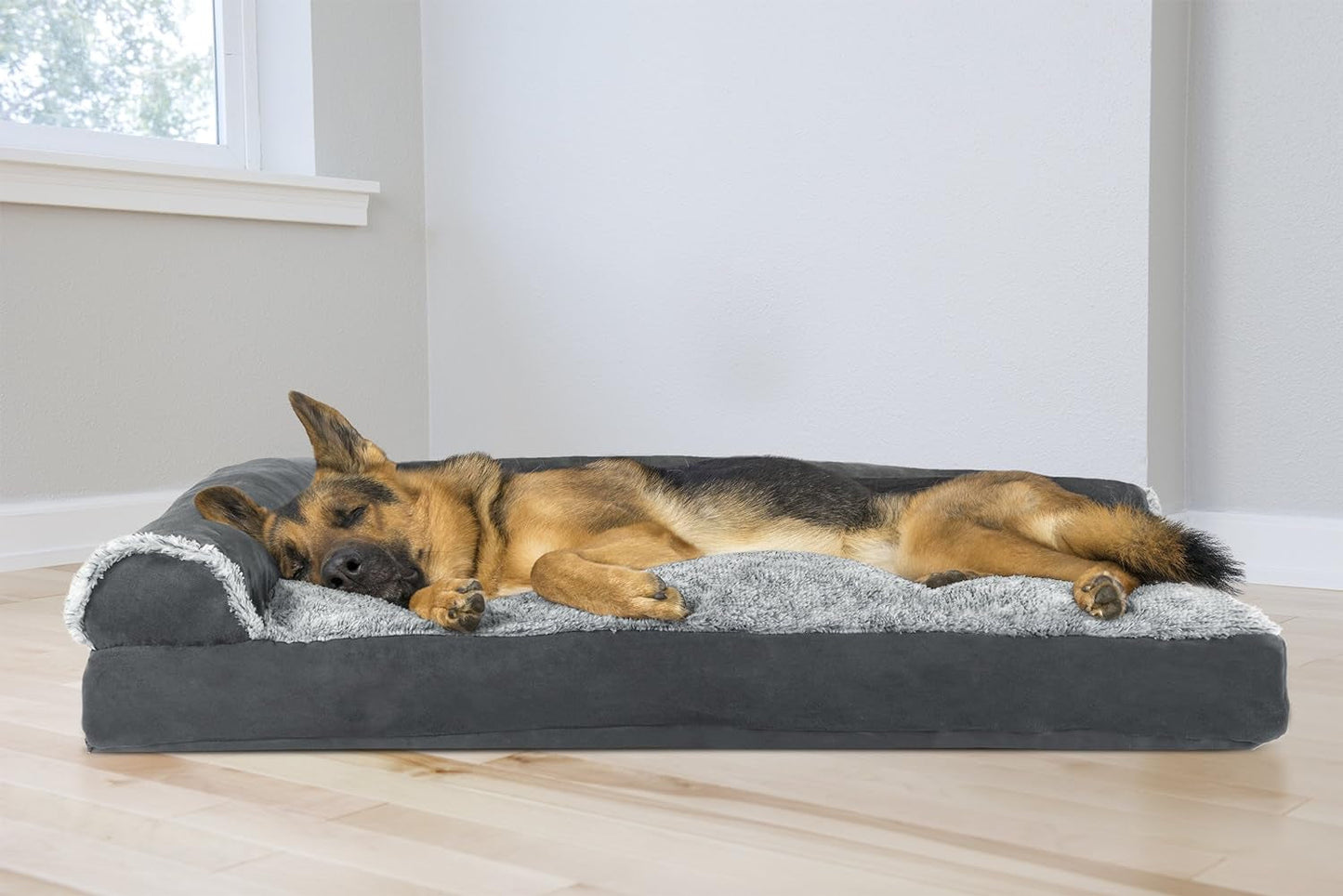 Furhaven Pillow Dog Bed for Large Dogs W/ Removable Bolsters & Washable Cover - Two-Tone Plush Faux Fur & Suede L Shaped Chaise - Stone Gray, Jumbo/Xl