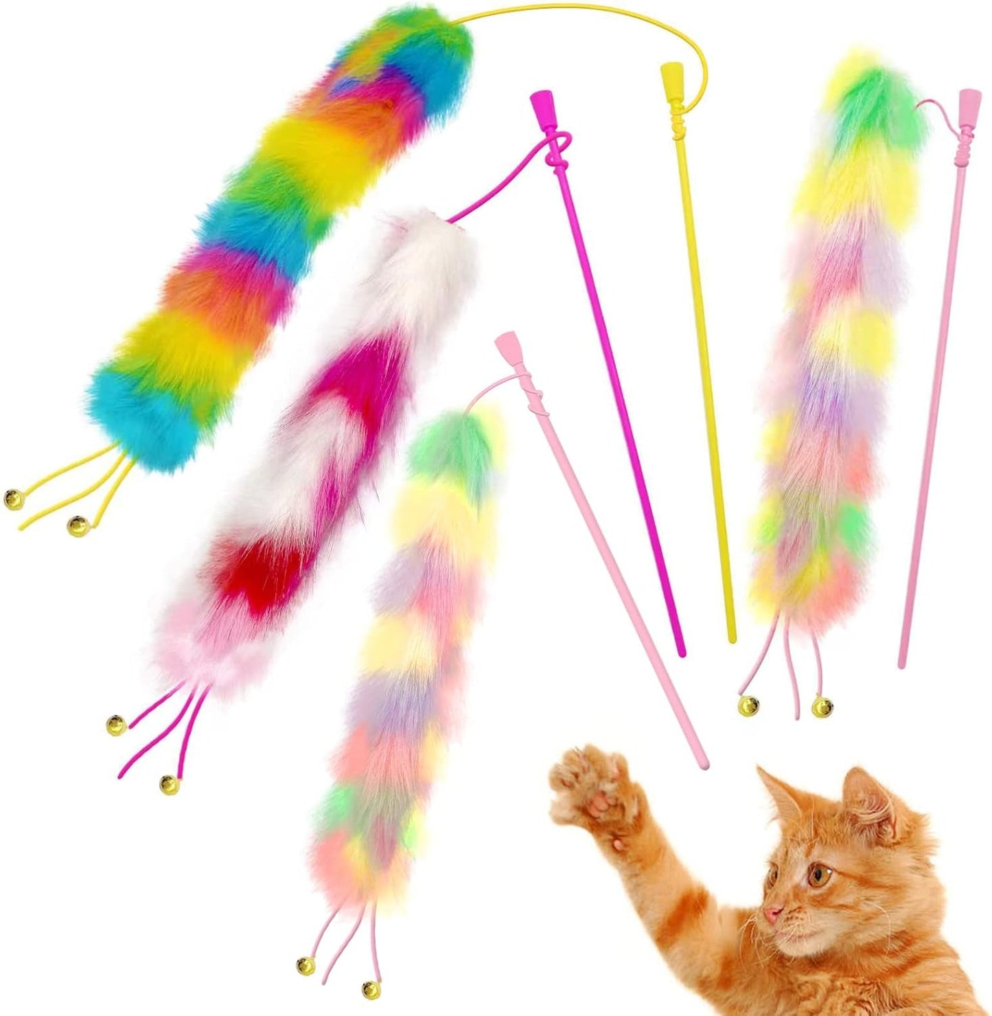 3 Pack Cat Wand Toy, Rainbow Cat Feather Toys with Bells, Cat Teaser Wand with Soft Furry Tail, Interactive Cat Toys for Indoor Cats & Kitten & Kitty