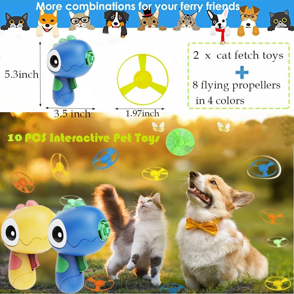 10 PCS Cat Fetch Toy with Colorful Flying Propellers Set, Cat Playing Tracking Interactive Toys for Kitten Chasing Training Hunting (Yellow-Blue)