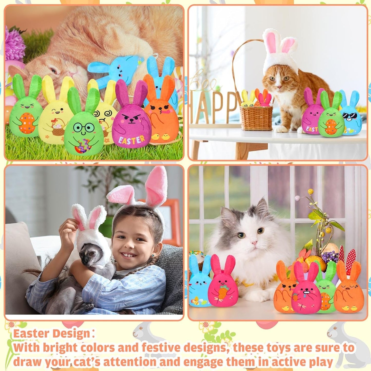 24 Pack Easter Cat Catnip Toys Chew Plush Bunny Toys Bulk Rabbit Cat Interactive Toys Boredom Relief Cat Toys Soft Teething Supplies Cat Chew Toys for Teething Chewing, Easter Pet Gift Set