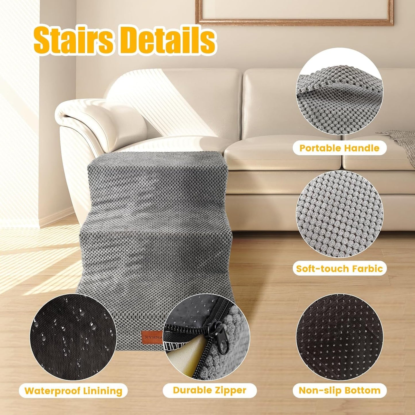 Dog Stairs for Small Dogs, High Density Foam Pet Ramp for Beds Couch Sofa, Non-Slip Soft Dog Steps for Cat and Doggy, Grey, 3 Steps