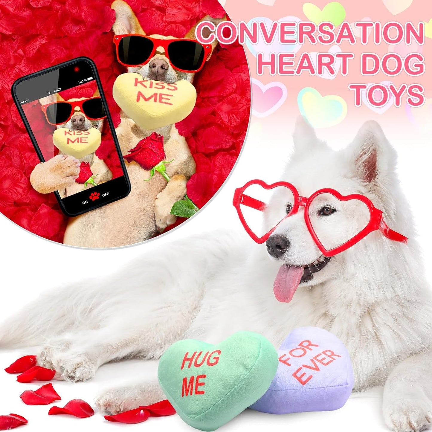 12 Pieces Valentines Day Dog Toy Valentine Heart Gifts for Dogs Conversation Heart Squeak Dog Toys for Small Medium Large Puppy Dogs Teething Chew Toys Valentines Day Pet Costume