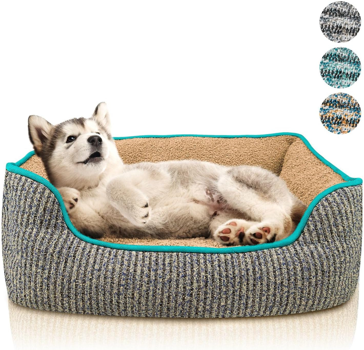 Dog Bed for Small Dogs & Cats, Dog Sofa Dog Basket Cat Bed, Removable Cushion Pillow, Washable Pet Bed with anti Slip Mat Bottom, Striped Fabric & Plush Teddy Fur Fleece, Size S, Color:Grey