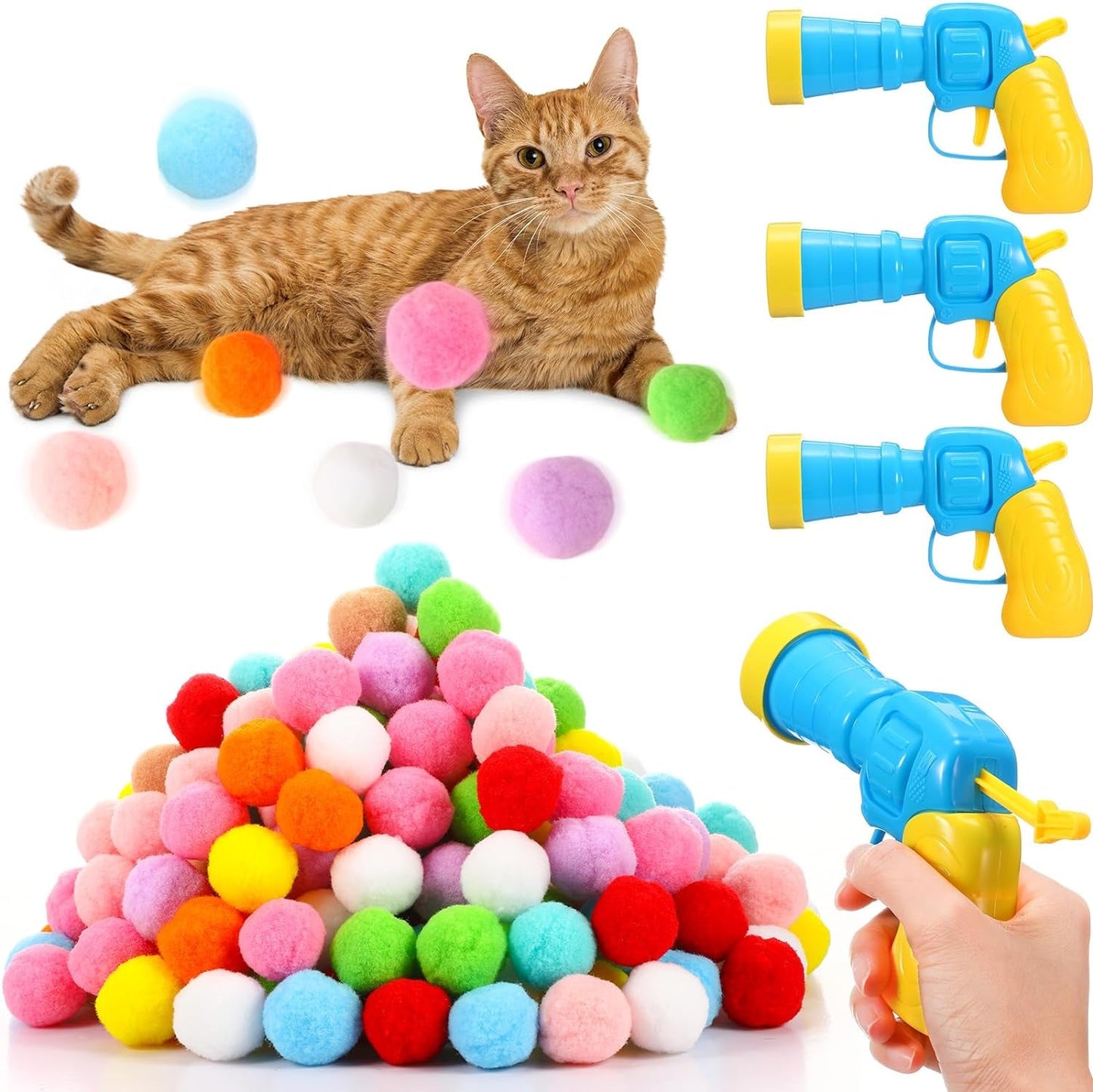 4 Pcs Cat Toys Balls Launcher with 200 Cat Pom Pom Balls Colorful and Soft Plush Ball Shooting Gun Cat Toy Interactive Cat Plush Balls for Indoor Cats Training and Playing