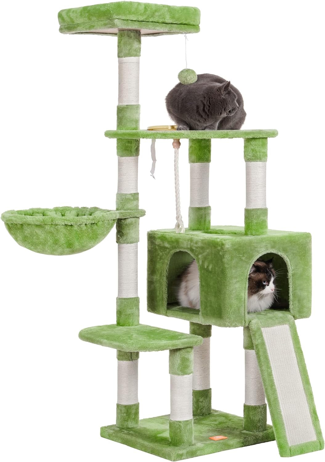 Heybly Cat Tree with Cat Self Groomer Brush, Cat Tower Condo for Indoor Cats with Padded Plush Perch,Feeding Bowl,Cat House with Basket Scratching Board Post, Light Gray HCT005SW