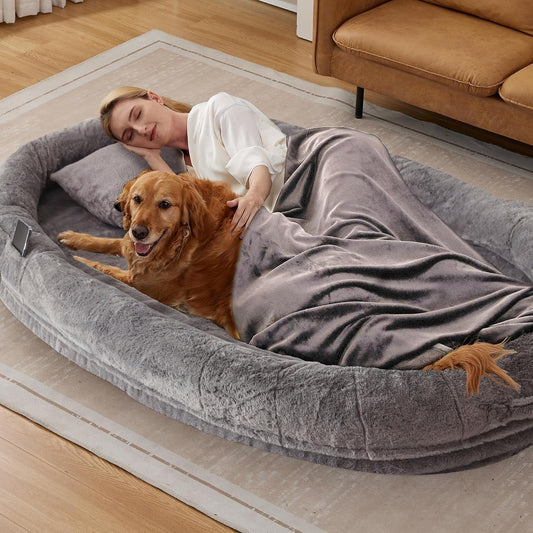 Human Dog Bed for Adult, Human Sized Dog Bed with Pillow and Blanket, Foldable Giant Dog Beds for Nap, Camping, Thickened Bottom,Fully-Enclosed,Grey, 71" X 46" X 9"