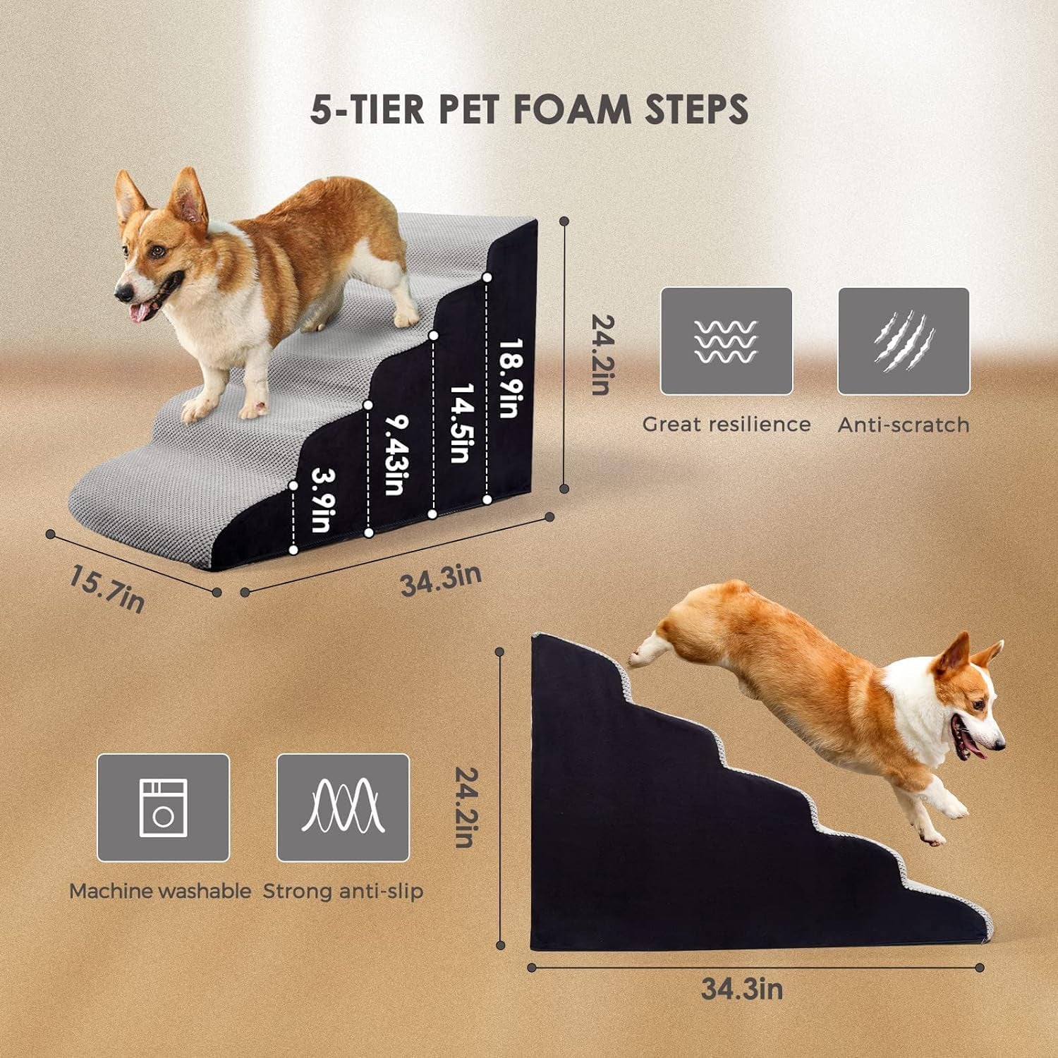 24 Inches 5 Steps Dog Stairs, Dog Stairs for High Beds 24-28" High, Dog Steps for Small Dogs/Cats, Older Injured Pets with Joint Pain, Non-Slip 30D High Density Foam Pet Ramp