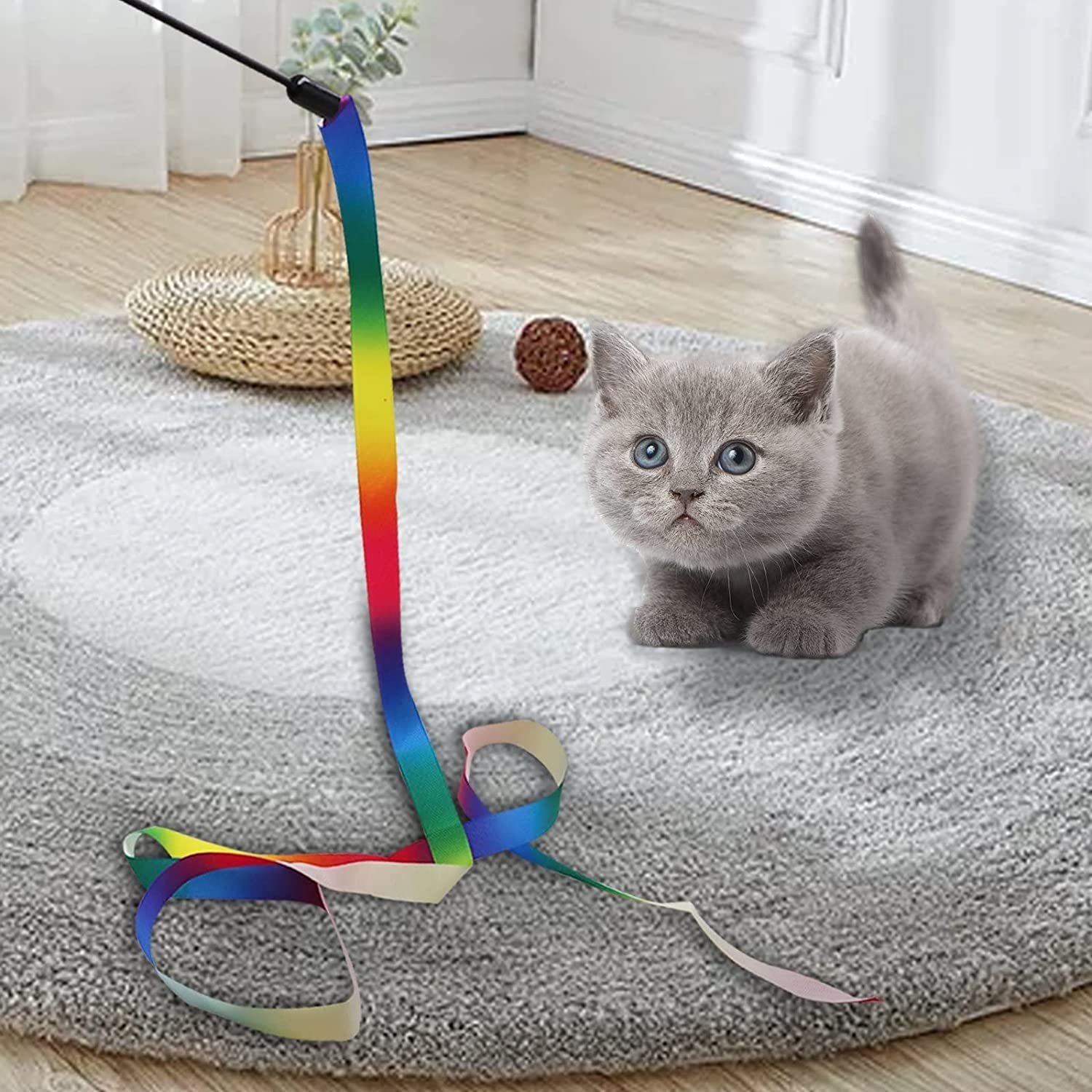 12PCS Interactive Kitten Toys, Retractable Indoor Cat Wand Toys with Replacement Teaser, Rainbow Ribbon and Make Exercise by Sunshinetop