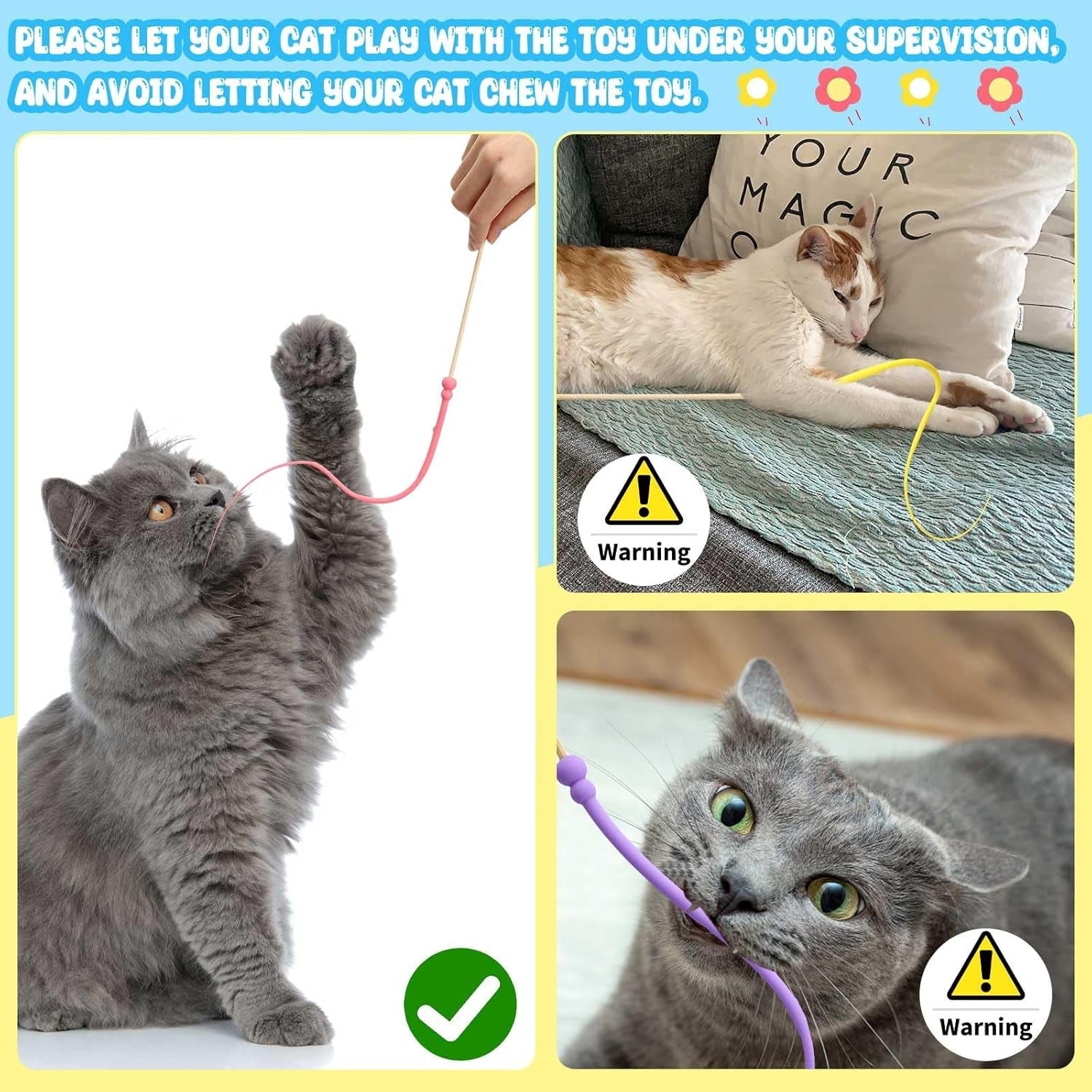 2 Pcs Cat Toy Bamboo Cat Teaser Wand with 4 Replaceable Silicone Mimicking Animals Swing Tail Interactive Cat Toys for Bored Indoor Adult Cats Chase and Exercise