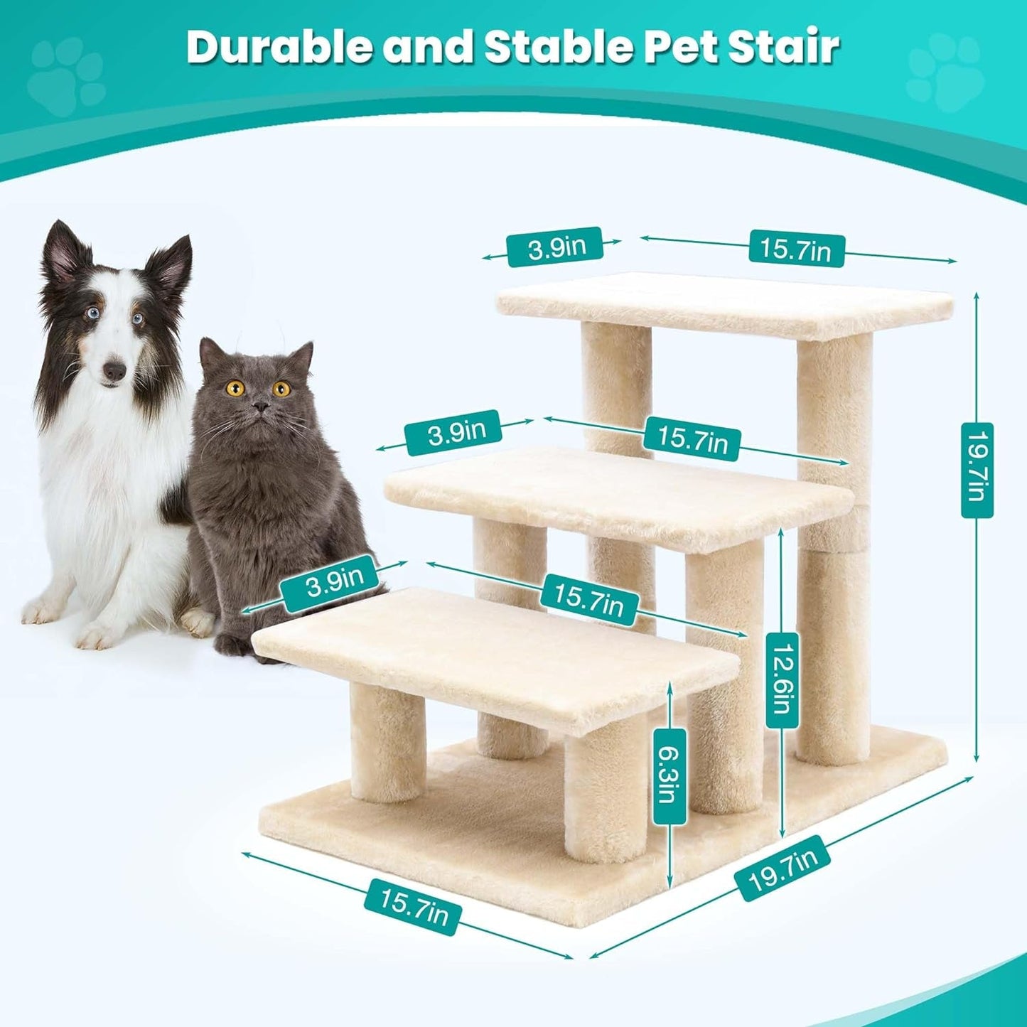 AGYM Pet Stairs, 3 Steps Wooden Stairs for Senior Cats and Dogs, Stable 19.5 Inch Multi-Step Pet Stairs for High Beds & Sofas Protect Pet'S Joints, Joint Injuries or Other Pets with Limited Mobility