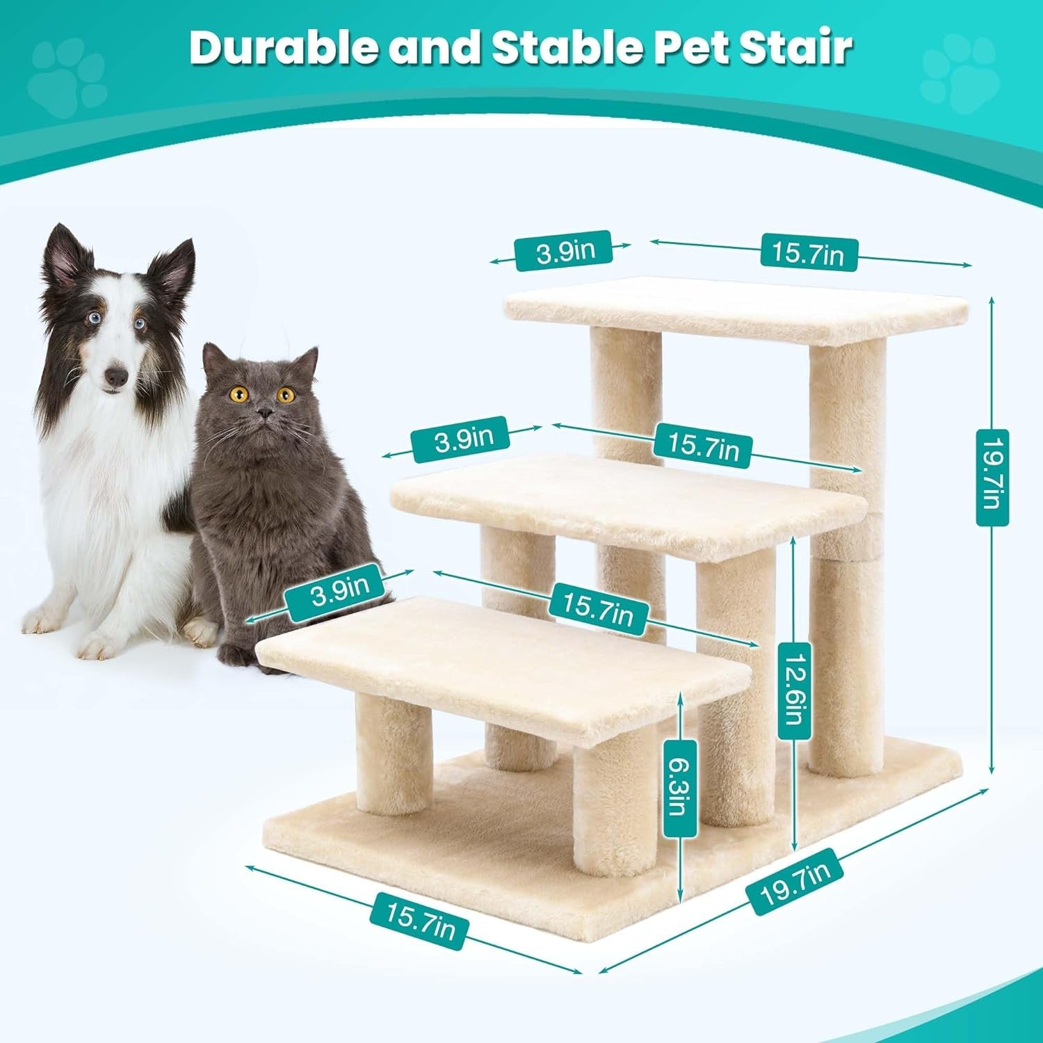 AGYM Pet Stairs, 3 Steps Wooden Stairs for Senior Cats and Dogs, Stable 19.5 Inch Multi-Step Pet Stairs for High Beds & Sofas Protect Pet'S Joints, Joint Injuries or Other Pets with Limited Mobility