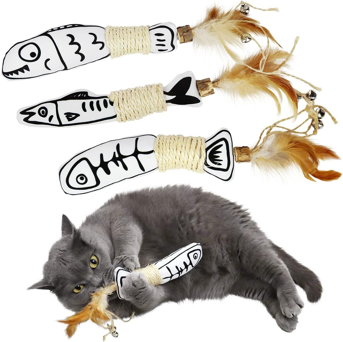 3 Pack Cute Catnip Toys with Feather Silvervine Rope & Bells for Cats, Cat Feather Toys with Catnip Cat Kicker Toys Cat Toys with Feather Bells