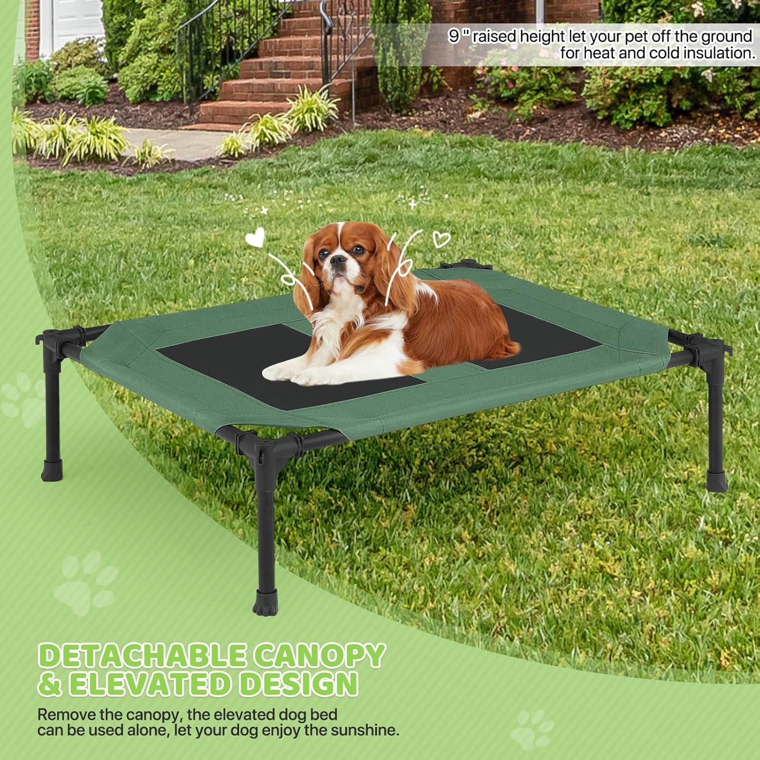 Magshion Elevated Dog Bed with Canopy Raised Indoor/Outdoor Cooling Breathable Mesh Pet Cot Bed for Small Dogs and Cats, Green