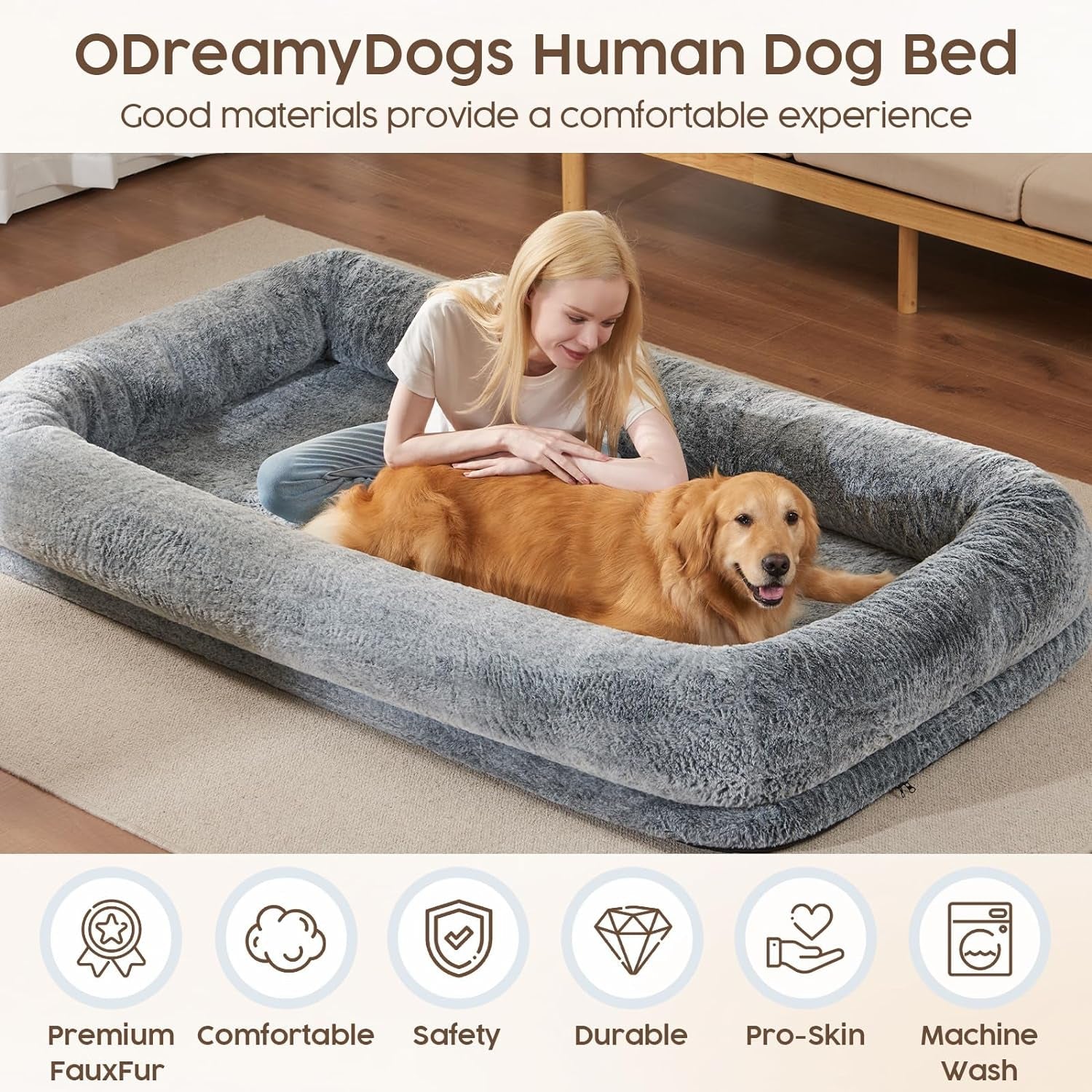 Human Dog Bed for Adult - Human Size Dog Bed for People with 320 GSM Luxurious Fluffy Faux Fur Cover, Giant Dog Bed for Humans Bean Bag Bed with 40D Orthopedic Memory Foam, (Large, Black)