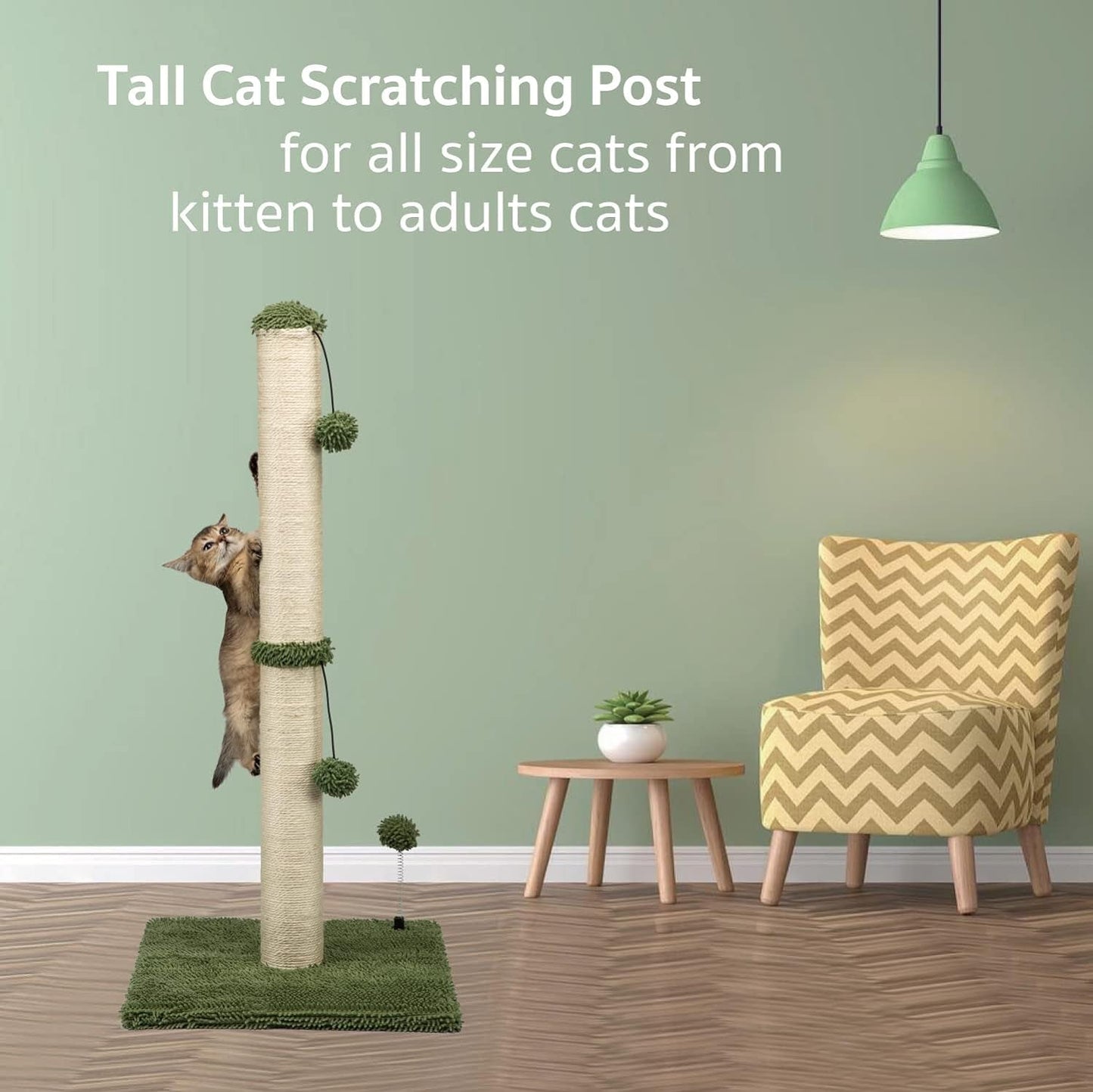 34“ Tall Cat Scratching Post Premium Basics Kitten Scratcher Sisal Scratch Posts Trees with Hanging Ball for Indoor Cats (34 Inches for Adult Cats, Cactus Green)