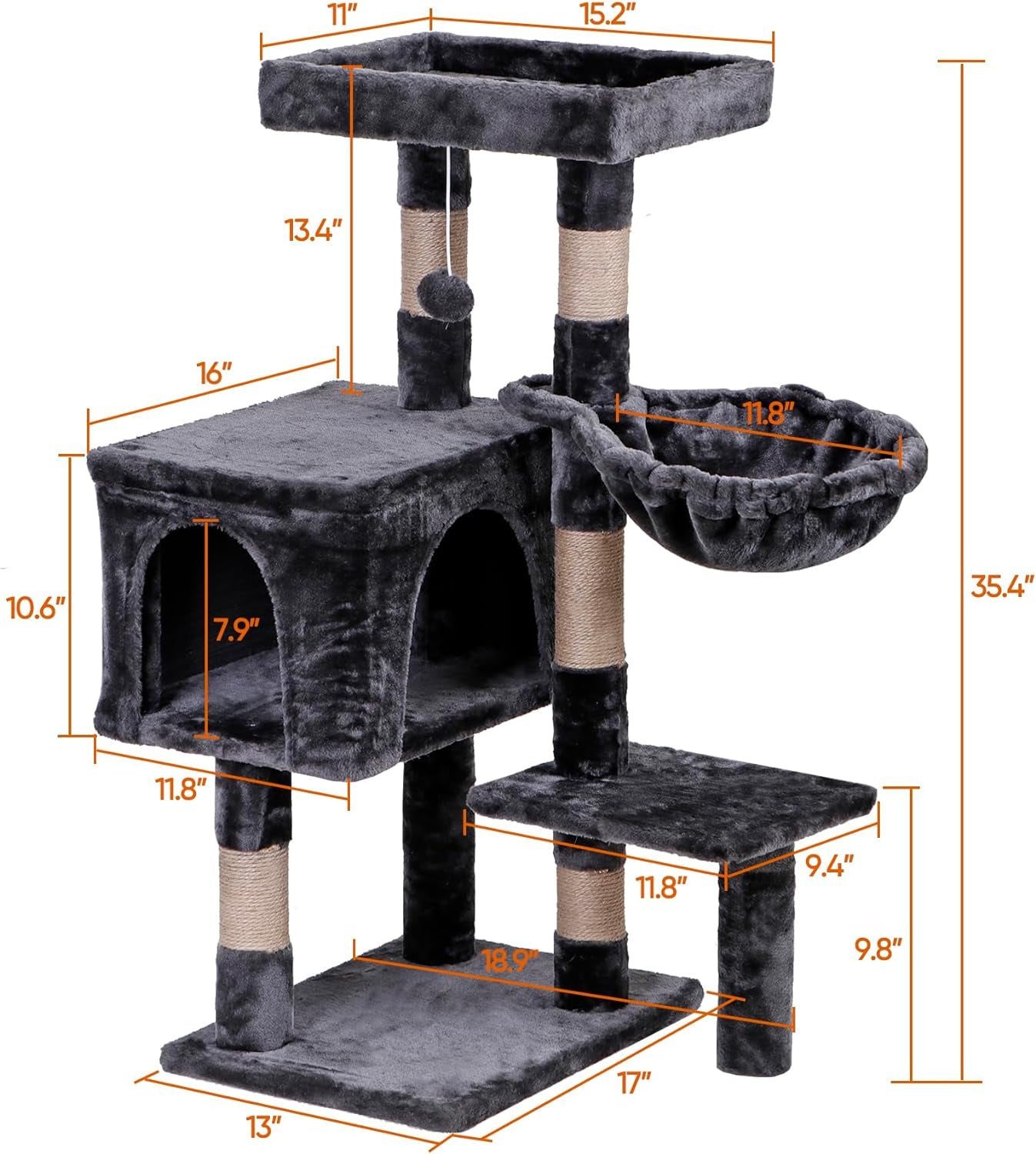 35.5 Inch Cat Tree for Indoor Cats, Multi-Level Cat Condo Tower with Large Top Perch, Hammock and Scratching Posts, Dark Grey