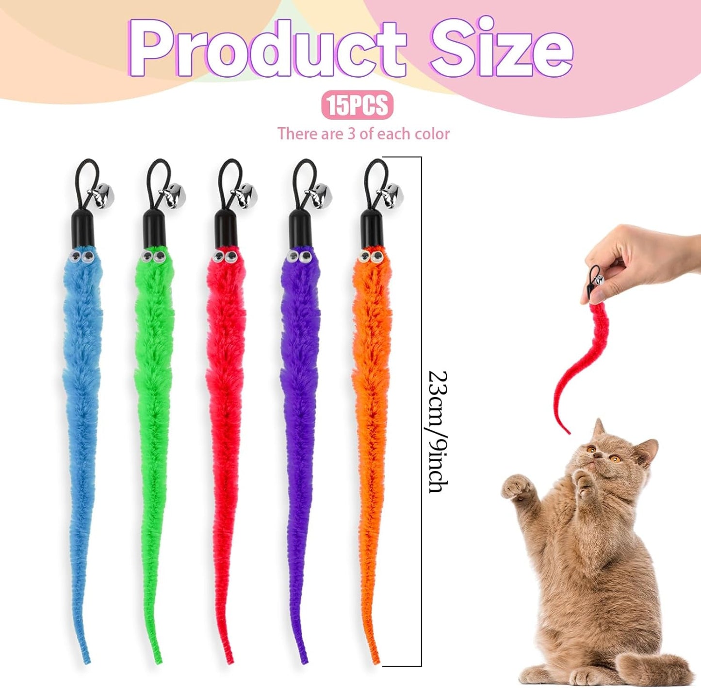 15 Pcs Cat Teasers Wand Toys Cat Worm Toy Cat Worms Refill Cat Wand Replacement Refill Furry Worm Toy with Bells for Cat Small Pet Interactive Supplies