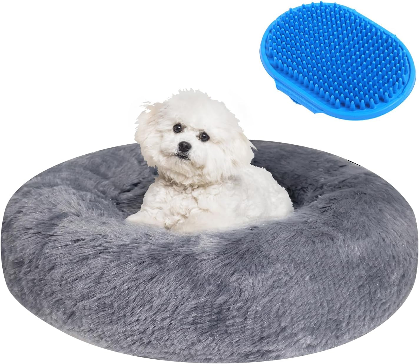 Calming Dog Bed & Cat Bed, Anti-Anxiety Donut Dog Cuddler Bed, Cozy Soft Warm Cat Dog round Bed, Fluffy Faux Fur Plush Cushion Pet Bed for Small Medium Dogs Cats (24", Navy Grey)