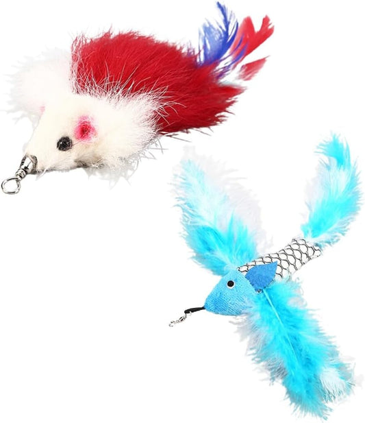 2PCS Interactive Faux Feather Mouse and Fish Cat Teaser Toy Replacement - Entertaining Plush Accessories for Feline Fun