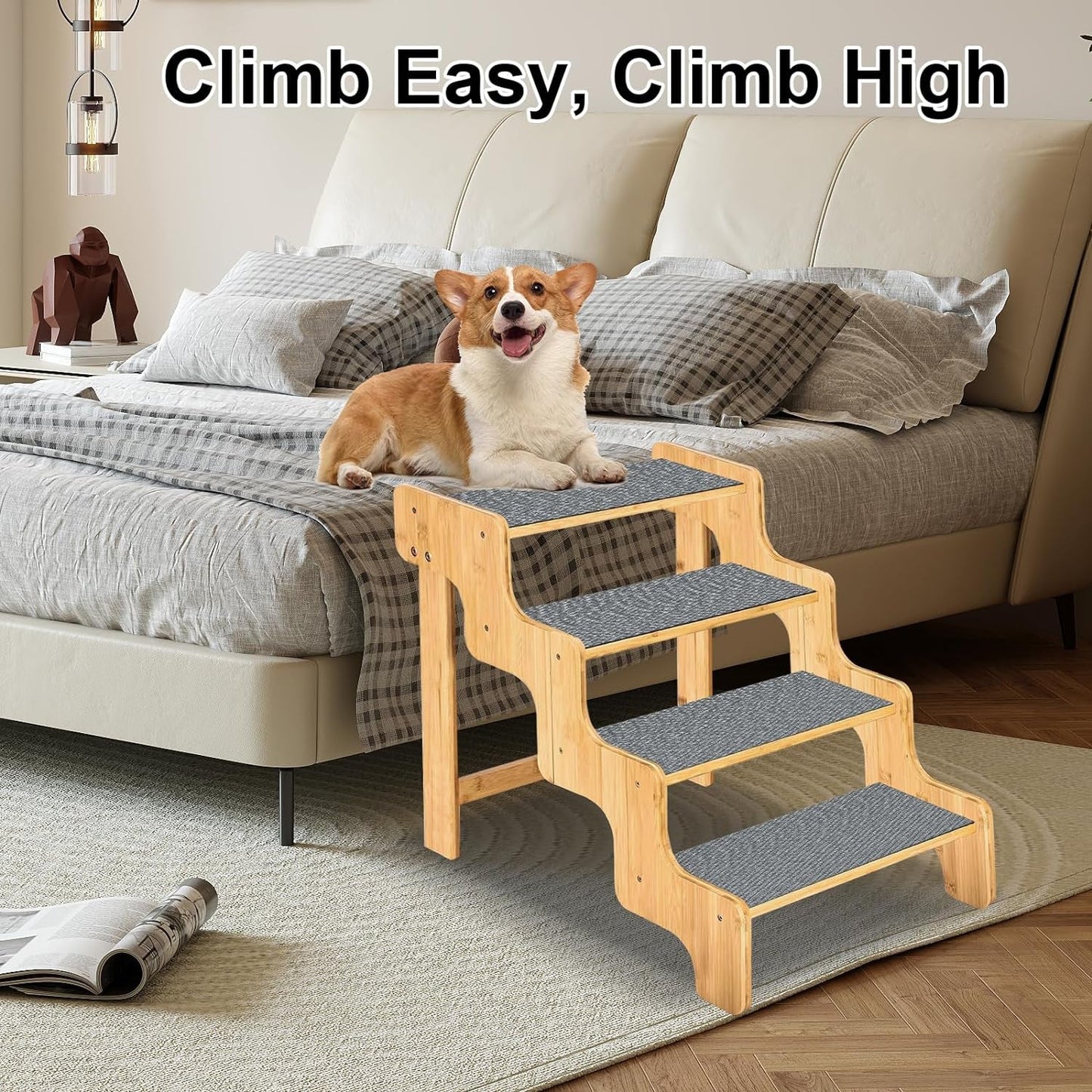 Dog Stairs for High Bed and Couch, Bamboo Dog Steps for Large and Small Dogs, 4-Step Non-Slip Balanced Pet Stairs for Dog/Cat, Wooden Dog Steps for High Beds