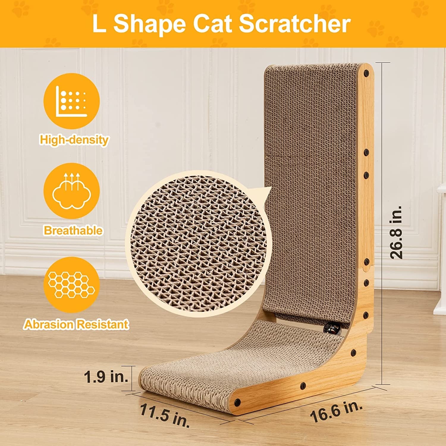 L Shape Cat Scratcher, 26.8 Inch Cat Scratchers for Indoor Cats, Protecting Furniture Cat Scratch Pad, Cardboard Cat Scratching with Ball Toy, Catnip, Large