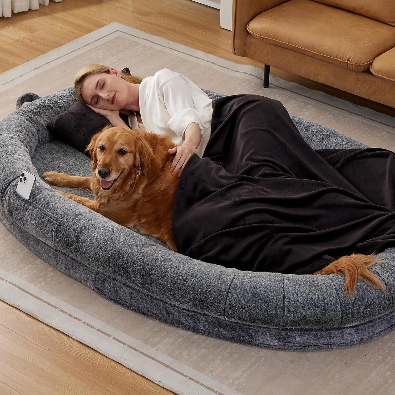 Human Dog Bed for Adult, Human Sized Dog Bed with Pillow and Blanket, Foldable Giant Dog Beds for Nap, Camping, Thickened Bottom,Fully-Enclosed,Grey, 71" X 46" X 9"