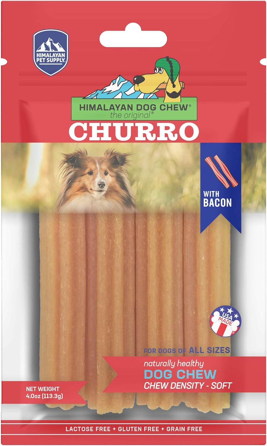 Yaky CHURRO Himalaya Cheese Treats | Lactose Free | Gluten Free | Grain Free | USA MADE | for All Breeds | 4 Churros per Pouch | Original Cheese Flavor