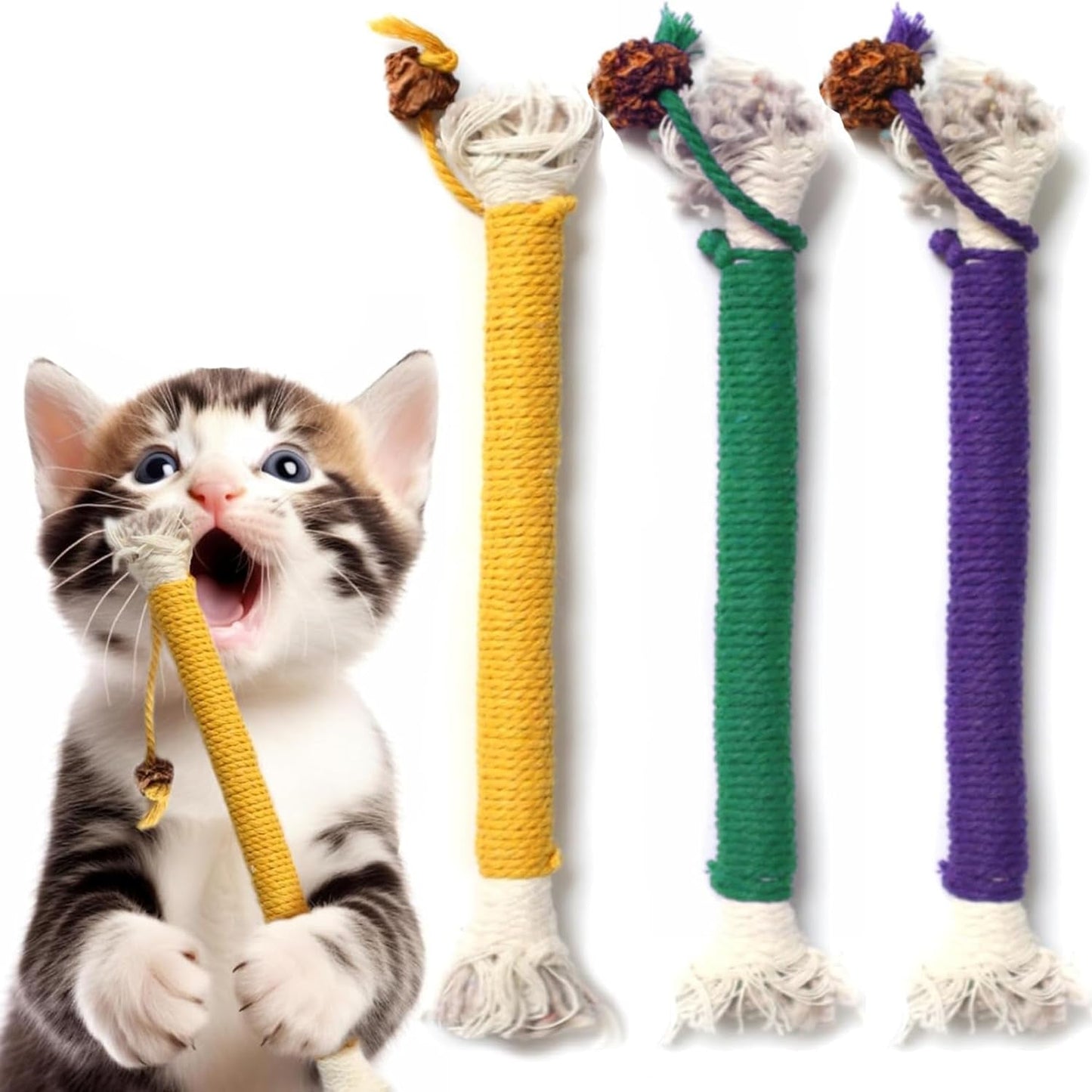 3 PCS Cotton Rope Cat Toys for Indoor Cats, Interactive Cat Rope Toys with Silvervine Fruit for Cats and Kittens, Handmade Pet Chew Toys for Teeth Cleaning