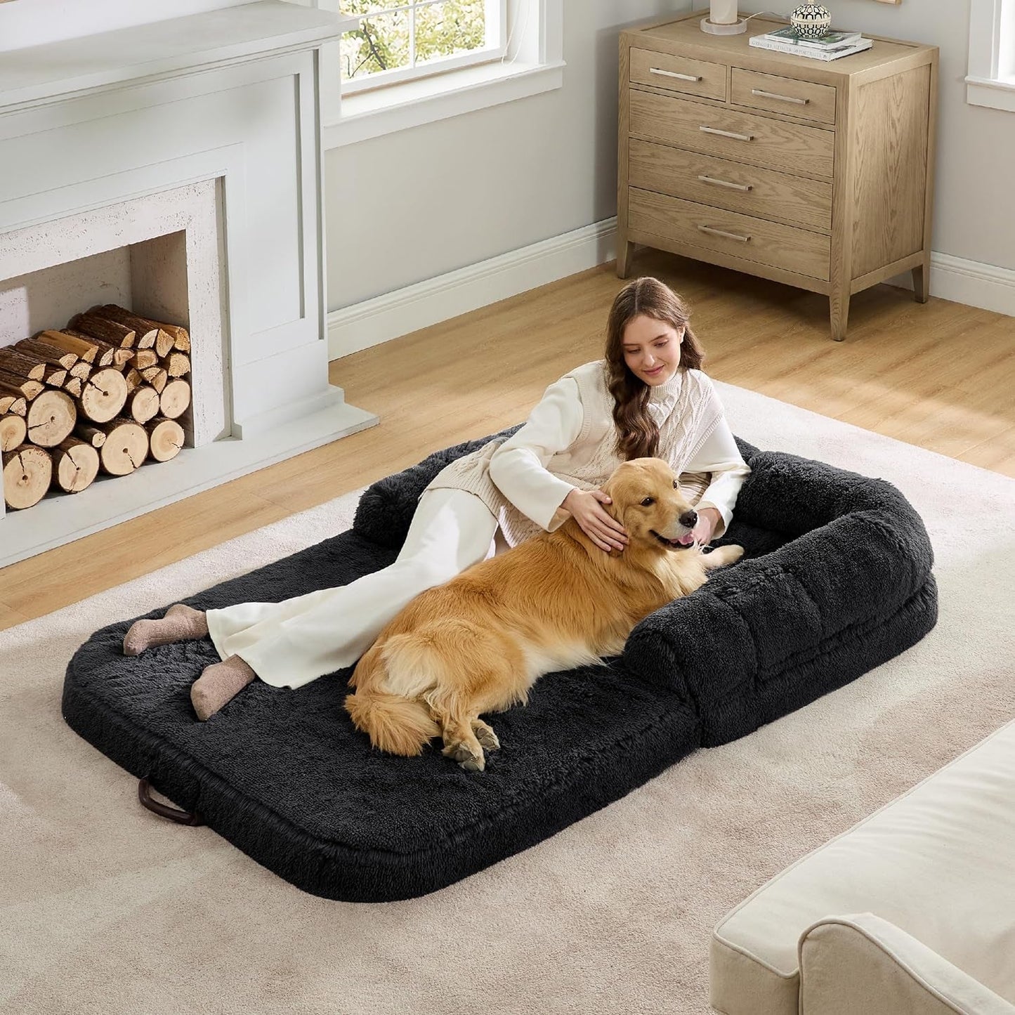 Bedsure Foldable Human Dog Bed for People Adults, 2 in 1 Calming Human Size Giant Dog Bed Fits Pet Families with Egg Foam Supportive Mat and Waterproof Liner, Faux Fur Orthopedic Dog Sofa, Camel