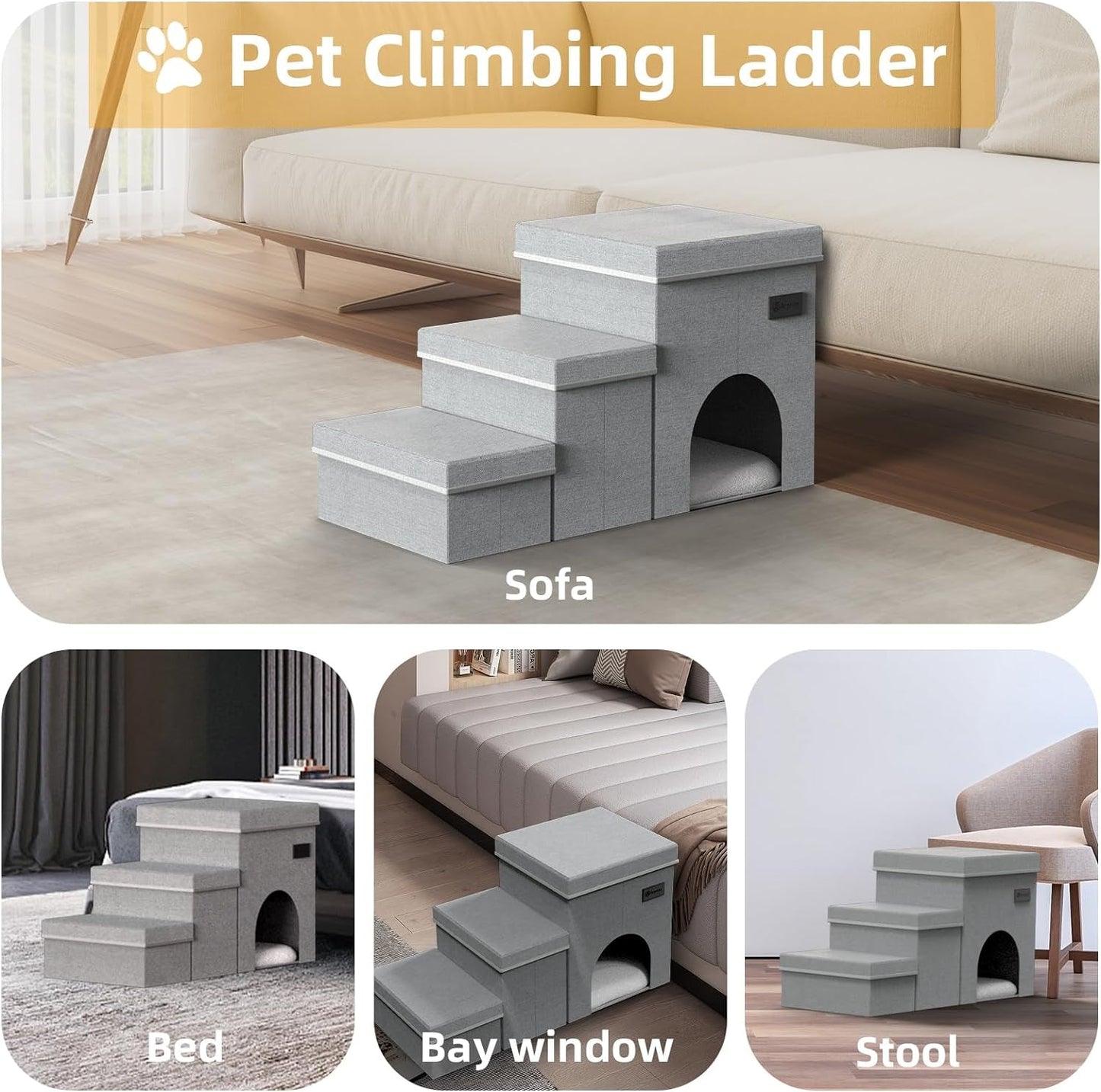 Dog Stairs-3 Steps Folding Pet Stairs with Storage Dog Steps for Bed or Couch for Small Medium or Large Dogs,Holding up to 100 Lbs Pets