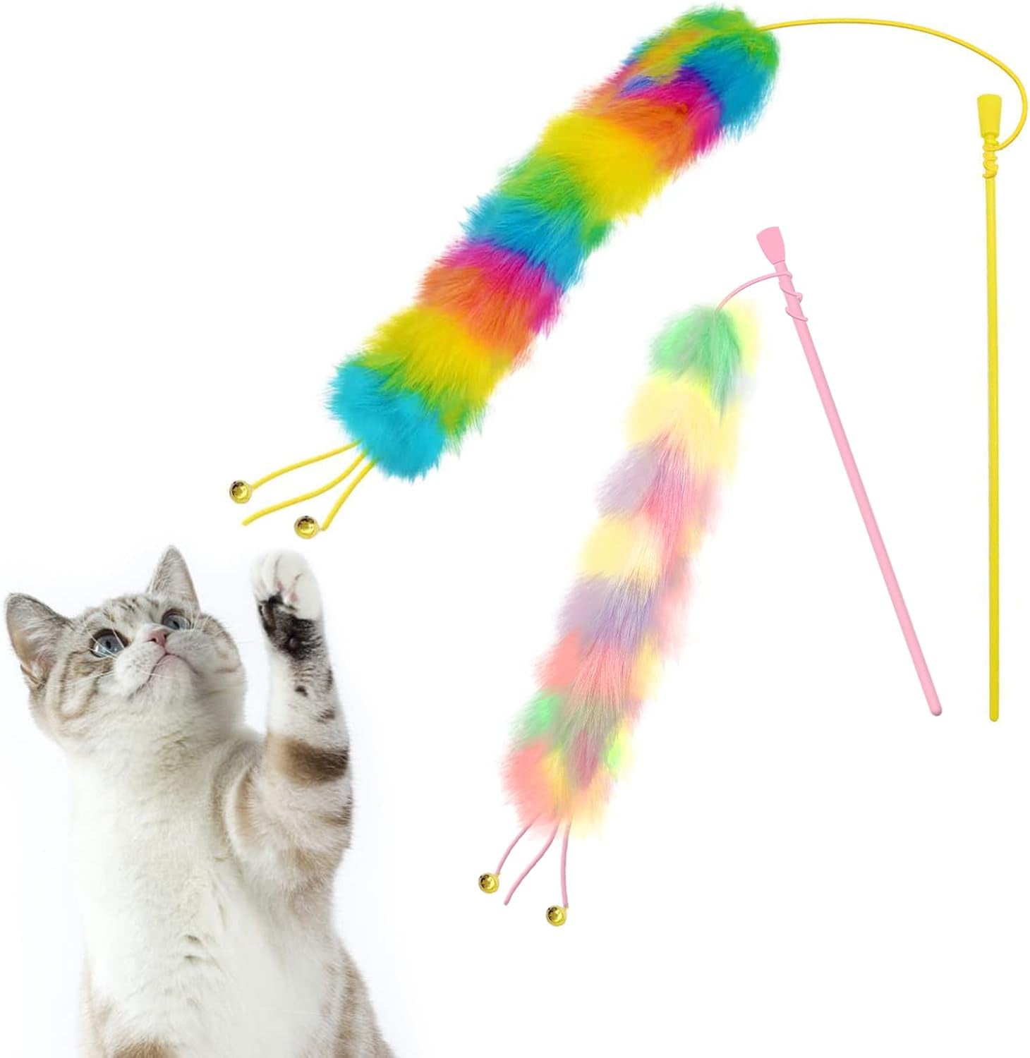 3 Pack Cat Wand Toy, Rainbow Cat Feather Toys with Bells, Cat Teaser Wand with Soft Furry Tail, Interactive Cat Toys for Indoor Cats & Kitten & Kitty