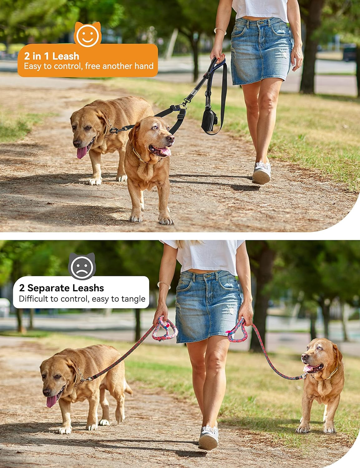 YOUTHINK Double Dog Leash, No Walking Leash, 2 Dogs up to 180Lbs, Comfortable Adjustable Dual Padded Handles, Bonus Pet Waste Bag for Best Gifts