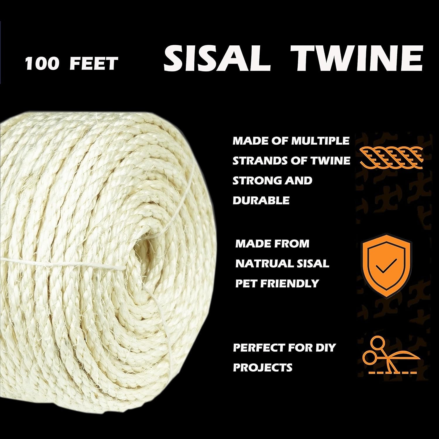 Natural Sisal White Rope for Cat Scratcher Scratching Post Replacement 1/4 Inch Cat Tree Sisal Rope for Repairing, Recovering or DIY Cat Scratcher 50/100 / 164 Feet