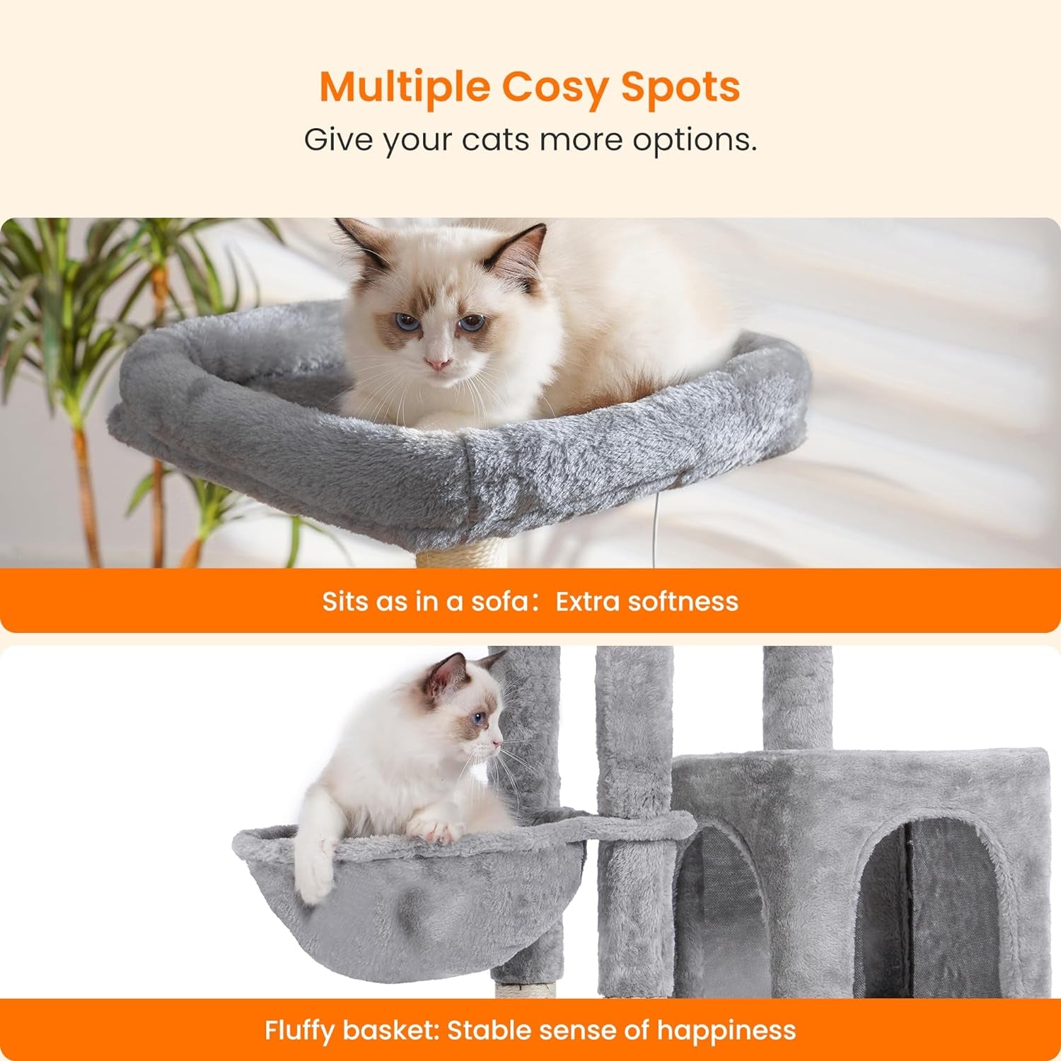 Heybly Cat Tree with Cat Self Groomer Brush, Cat Tower Condo for Indoor Cats with Padded Plush Perch,Feeding Bowl,Cat House with Basket Scratching Board Post, Light Gray HCT005SW