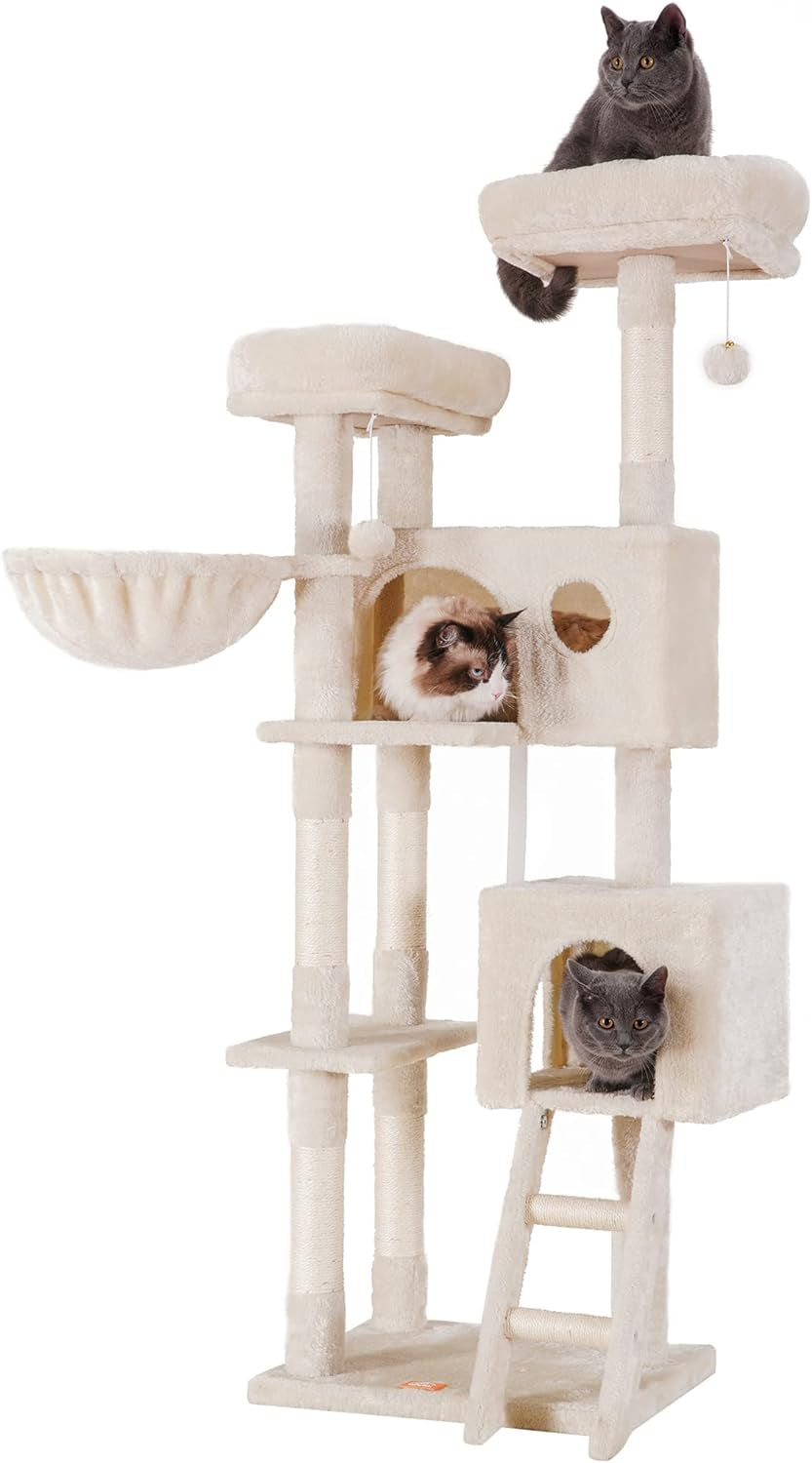 Heybly Cat Tree, Cat Tower for Indoor Cats,Multi-Level Cat Furniture Condo for Cats with Padded Plush Perch, Cozy Basket and Scratching Board Light Gray HCT014W