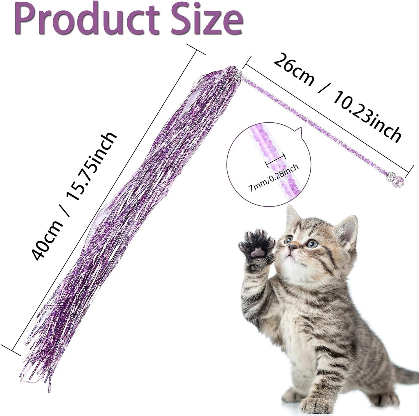 2PCS Cat Wand Toy, Interactive Cat Toy with Shiny Tassel and Loud Jingle Bell, Crystal Beaded Crown Cat Feather Replacements for Indoor Cats Kitten Play Chase Exercise, 26 Inch Long