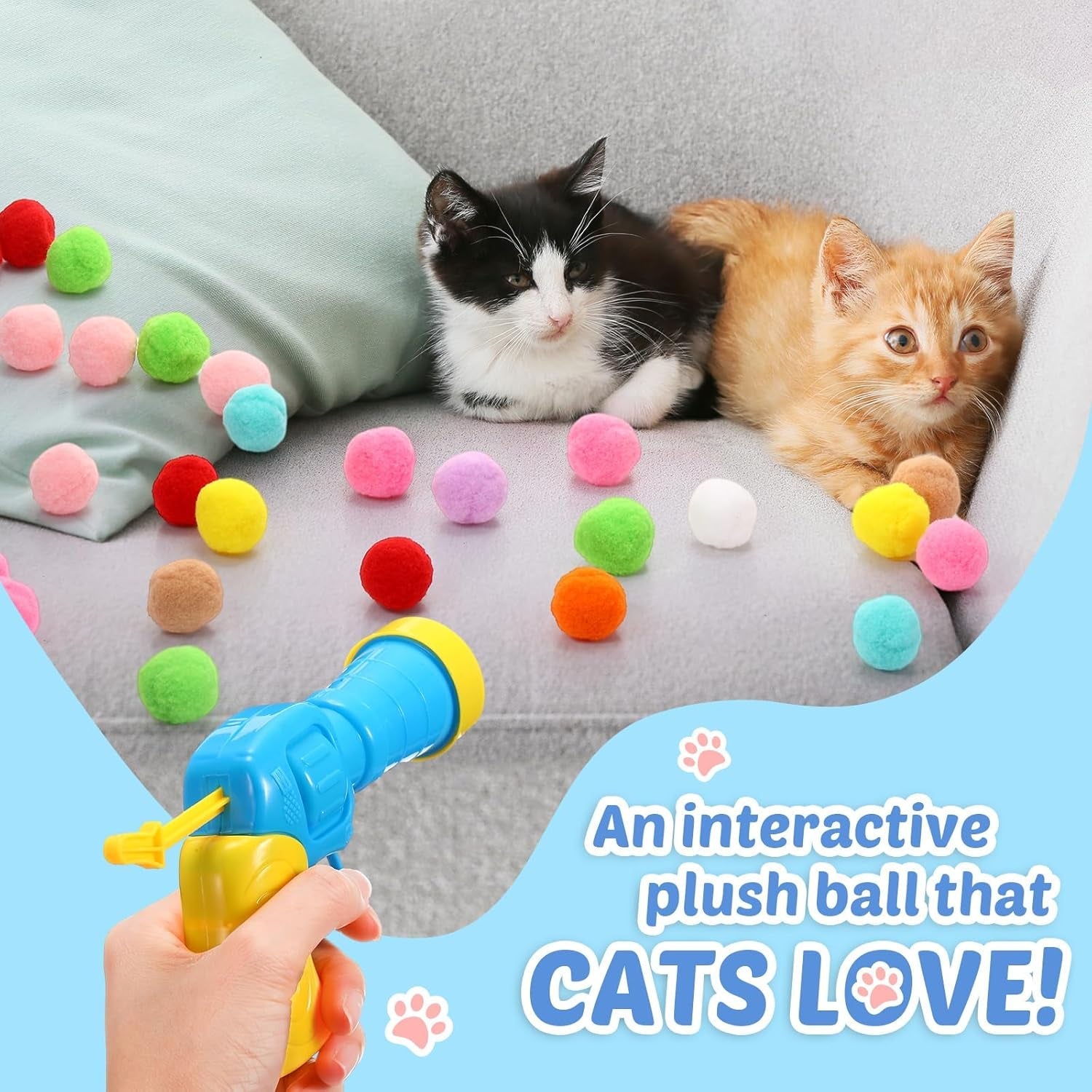 4 Pcs Cat Toys Balls Launcher with 200 Cat Pom Pom Balls Colorful and Soft Plush Ball Shooting Gun Cat Toy Interactive Cat Plush Balls for Indoor Cats Training and Playing