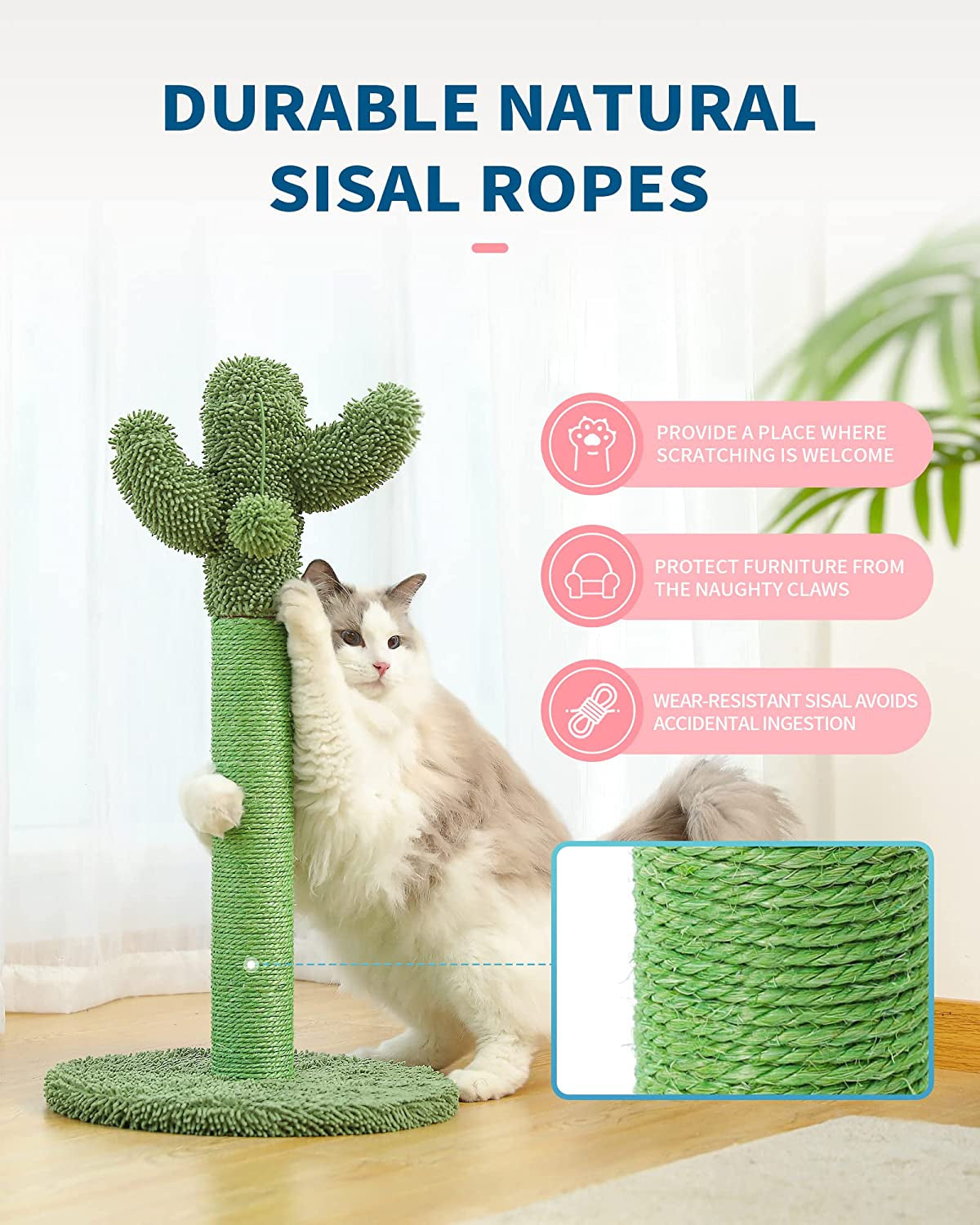 Made4Pets Cat Scratching Post, 25.6" Cactus Cat Scratcher Kitten Scratch Post with Sisal Rope for Indoor Cats Claw Scratcher, Vertical Green Cat Tree with Dangling Ball for Kitties Medium