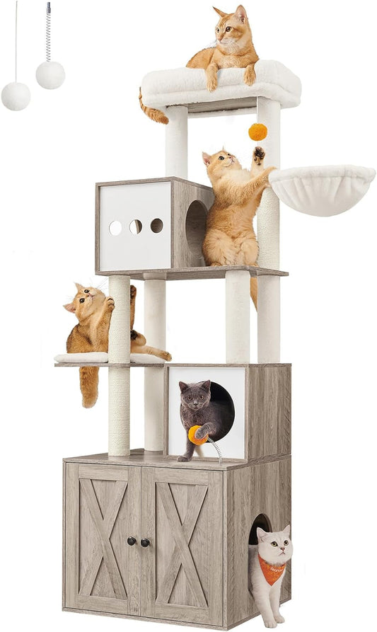 Feandrea Cat Tree with Litter Box Enclosure, 2-In-1 Modern Cat Tower, 72.8-Inch Tall Cat Condo with Scratching Posts, Perch, Caves, Basket, Washable Cushions, Heather Greige UPCT116G01