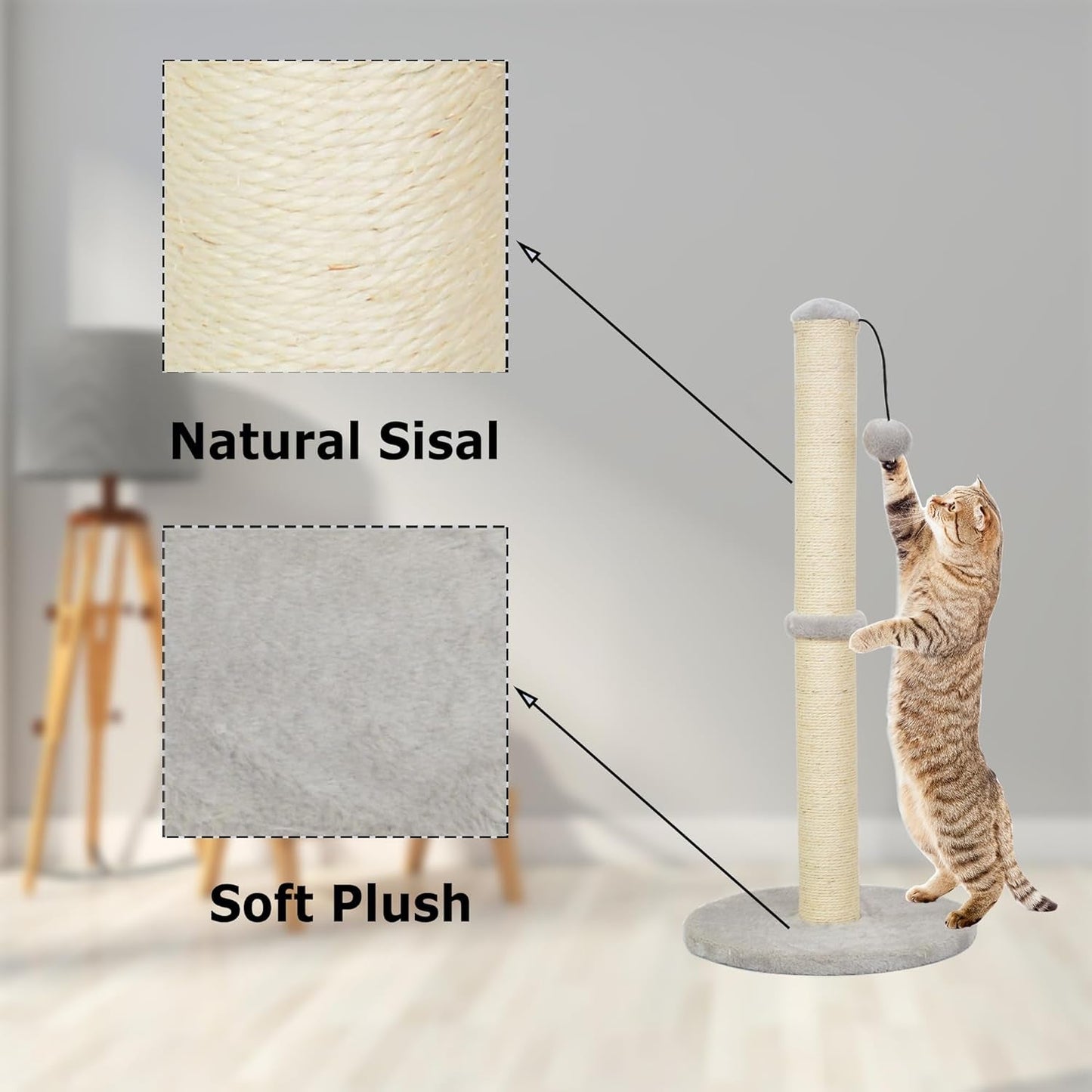 Kazura 34" Tall Cat Scratching Post, Cat Post Scratcher with Sisal Rope and Base Covered with Soft Plush,Cat Scratcher for Kittens(34 in Tall)