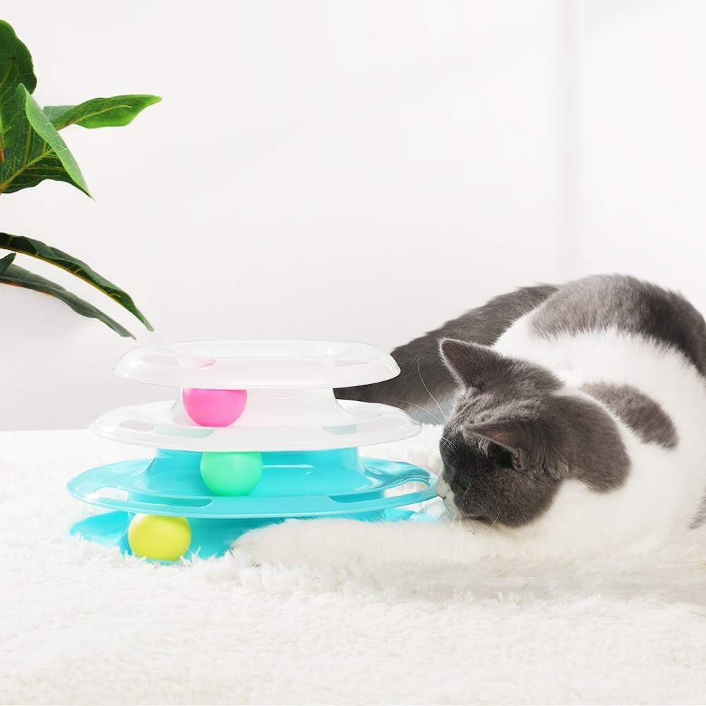 3 Level Tower Cat Toy Balls, Circle Roller Interactive Kitty Puzzle Toy, Multiple Cats Exerciser Game