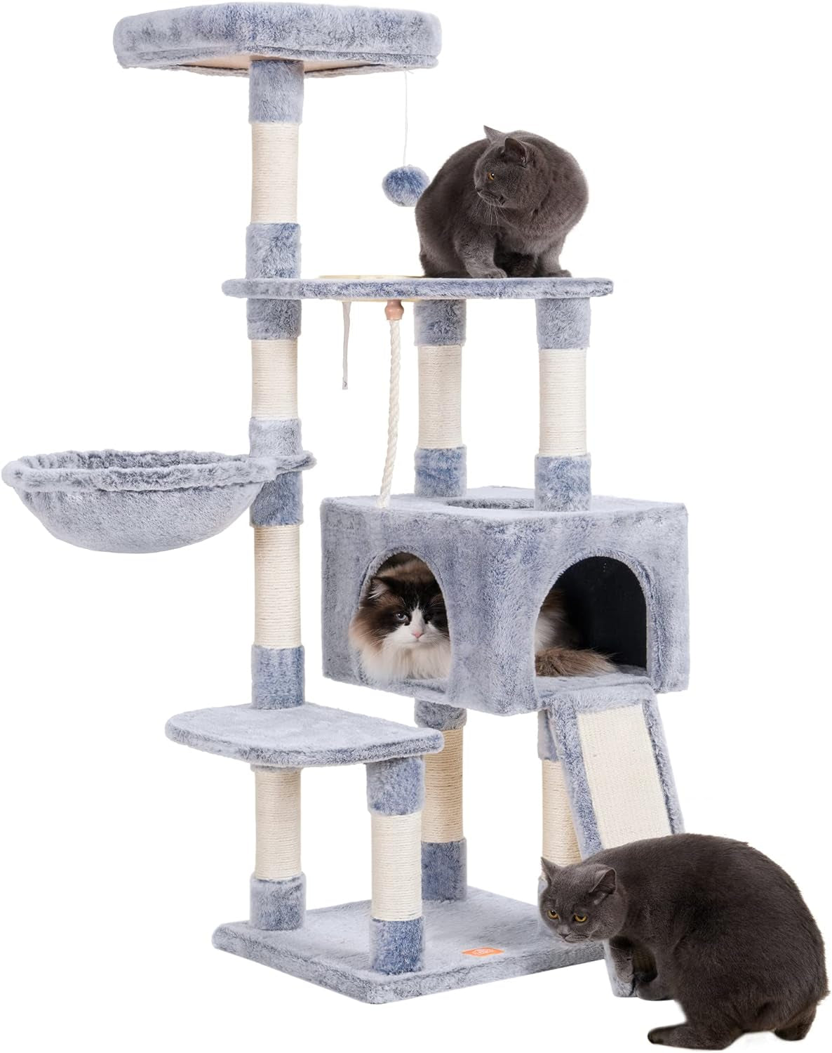 Heybly Cat Tree with Cat Self Groomer Brush, Cat Tower Condo for Indoor Cats with Padded Plush Perch,Feeding Bowl,Cat House with Basket Scratching Board Post, Light Gray HCT005SW