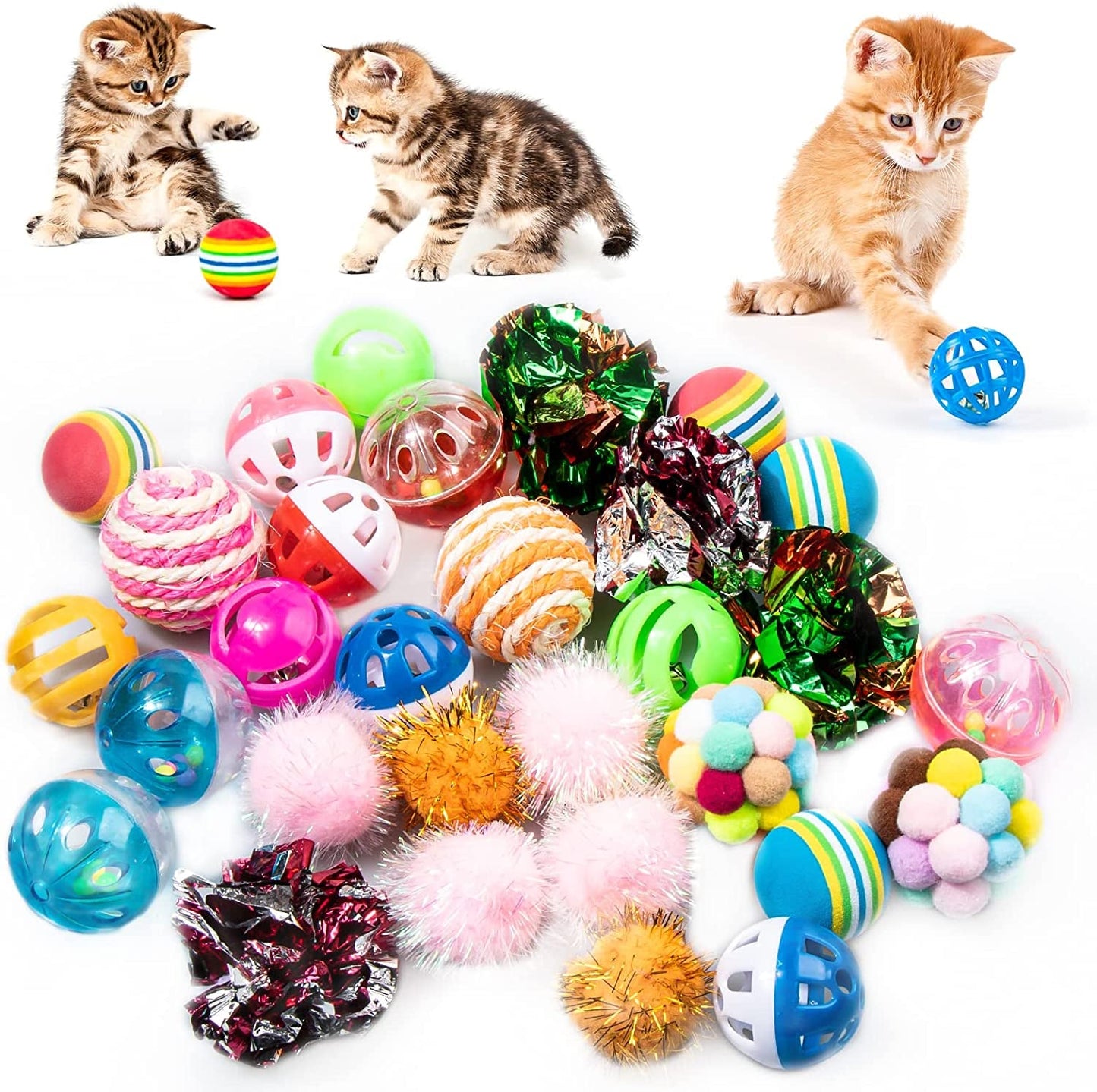 30Pcs Cat Ball Toys Cat Kitten Chew Toys Balls with Bell Cat Crinkle Ball,Rainbow Ball,Sparkle Ball, Bell Balls, Sisal Ball,Pom Pom Ball for Indoor Cats