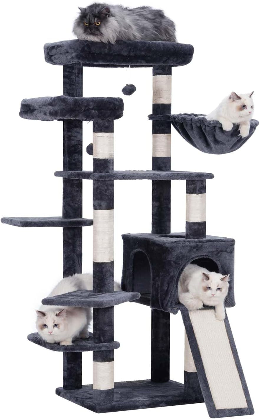 Hey-Brother Cat Tree for Indoor Cats, 62.6" Cat Tower with Scratching Post, Cat Condo with Two Large Platforms, Hammock, Big Scratcher, Smoky Gray MPJ029G