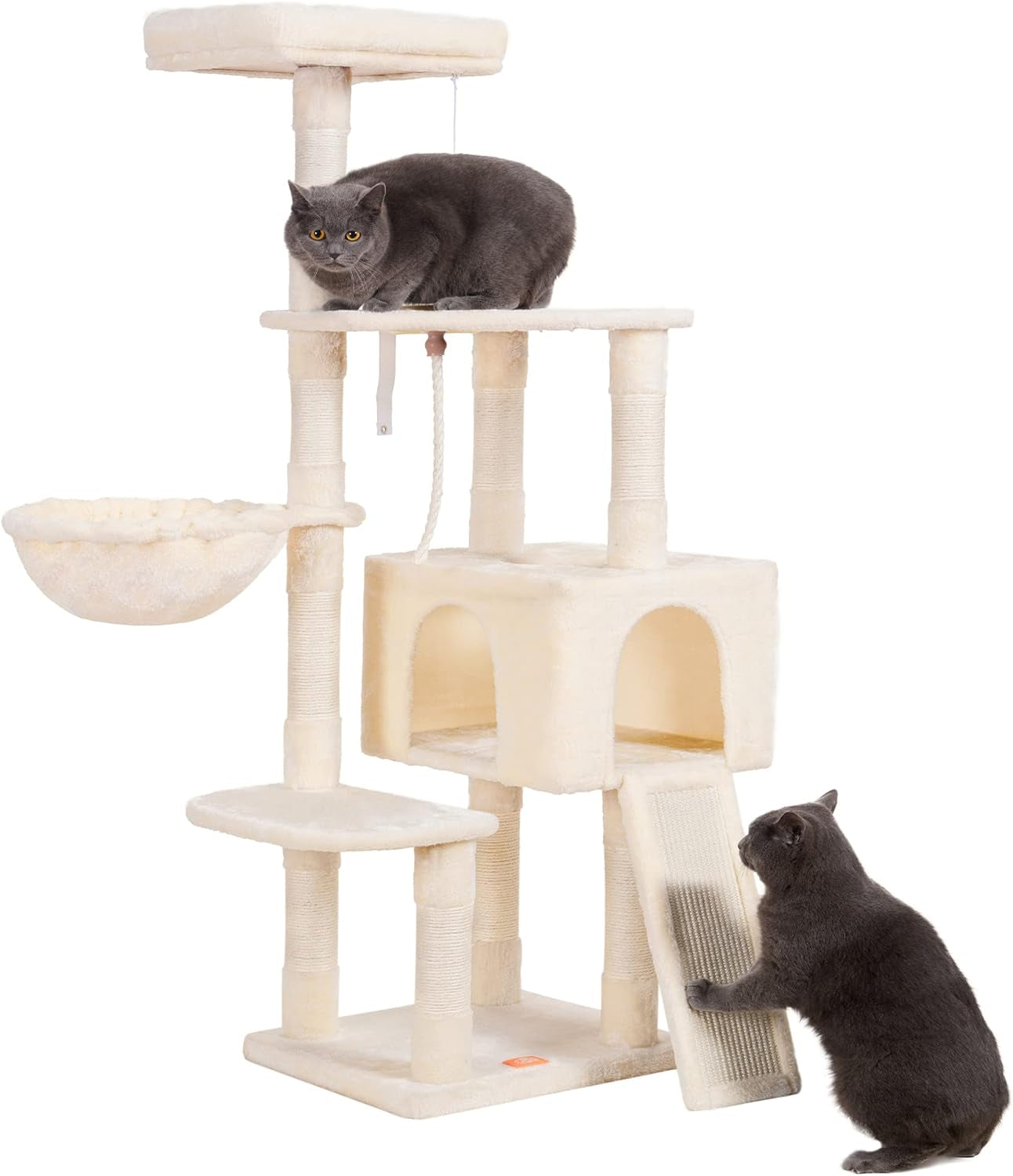 Heybly Cat Tree with Cat Self Groomer Brush, Cat Tower Condo for Indoor Cats with Padded Plush Perch,Feeding Bowl,Cat House with Basket Scratching Board Post, Light Gray HCT005SW