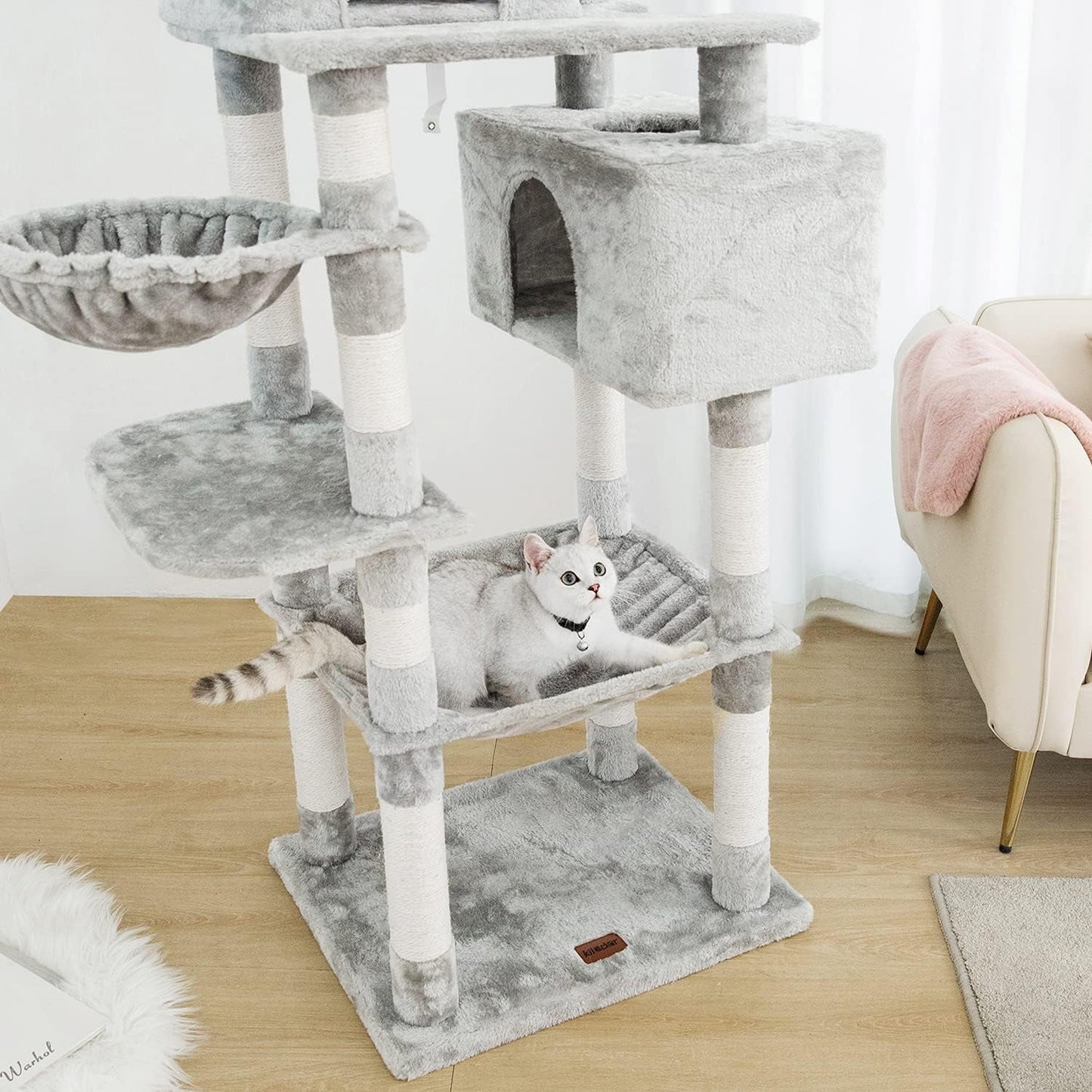 Kilodor Tall Cat Tree, 75Inch Cat Tower Multi Level Condo with Large Hammocks, Scratching Posts,Plush Perches Cat Activity Center Light Gray